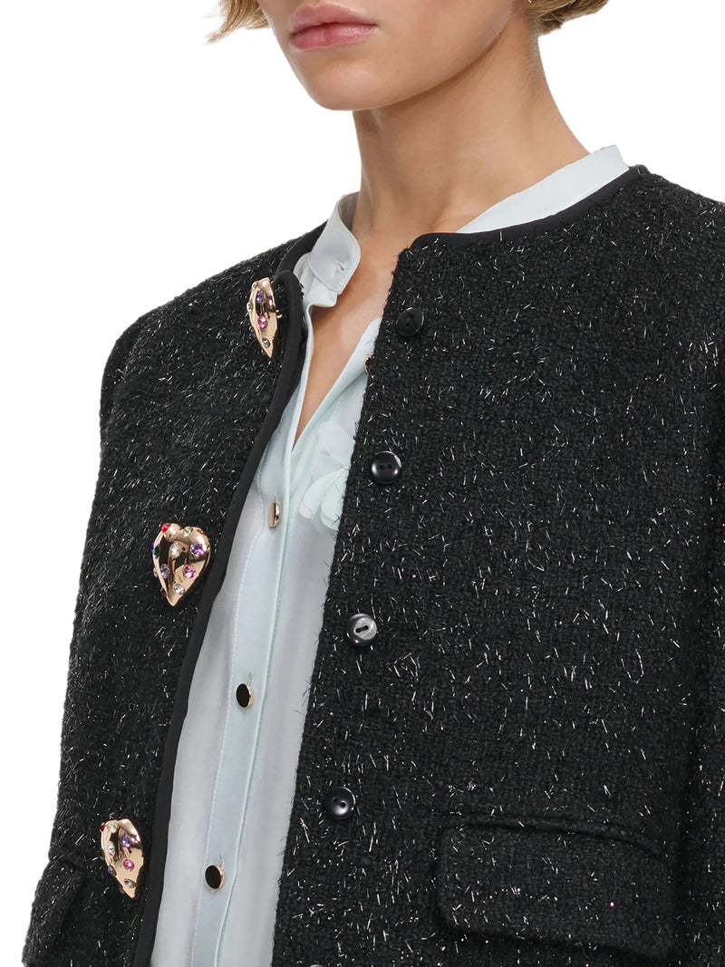 Self-Portrait Women Short Tweed Jacket With Jewel Buttons And Faux Fur Cuffs SELF-PORTRAIT