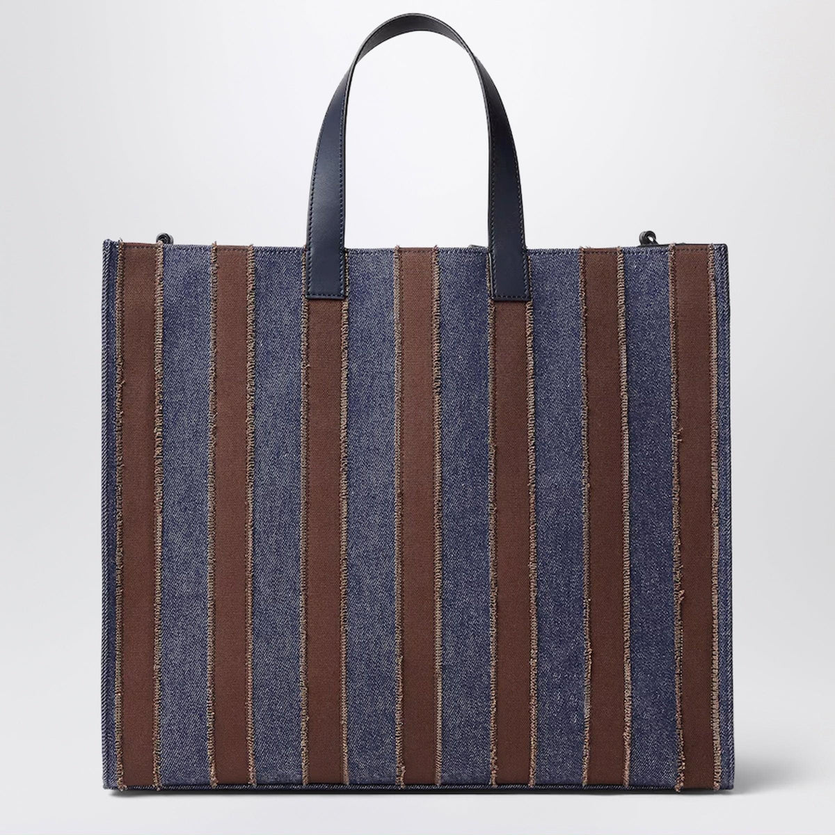 Fendi Pequin Shopper Bag In Dark Blue Denim And Brown Canvas Men FENDI