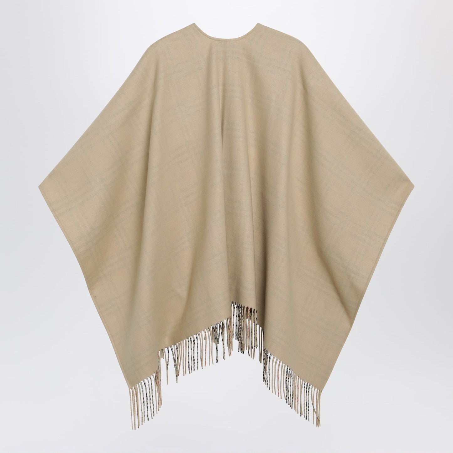 Burberry Reversible Wool Check Cape With Fringes In Sand Beige Women BURBERRY
