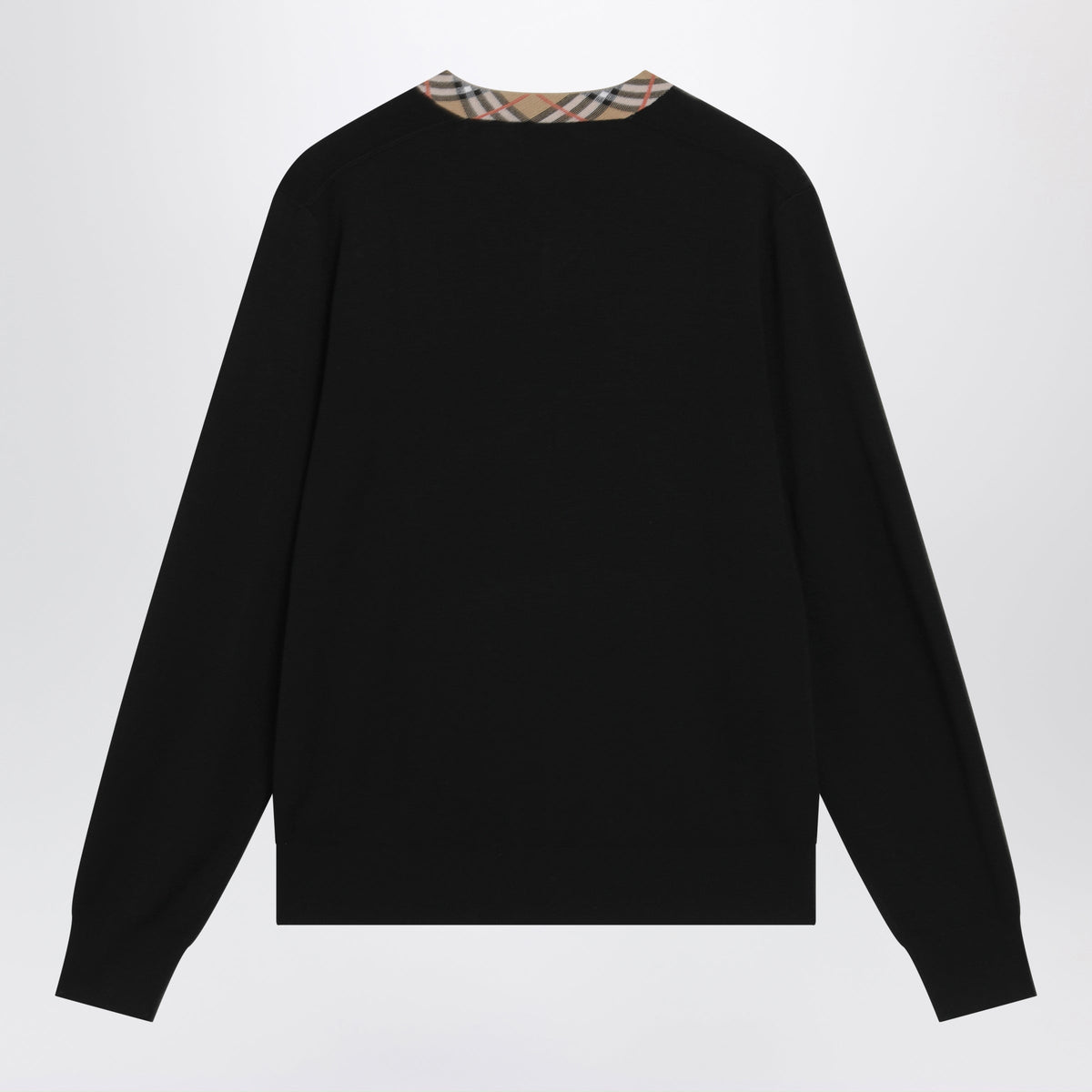Burberry Black Wool Sweater With Check Motif Neckline Men BURBERRY