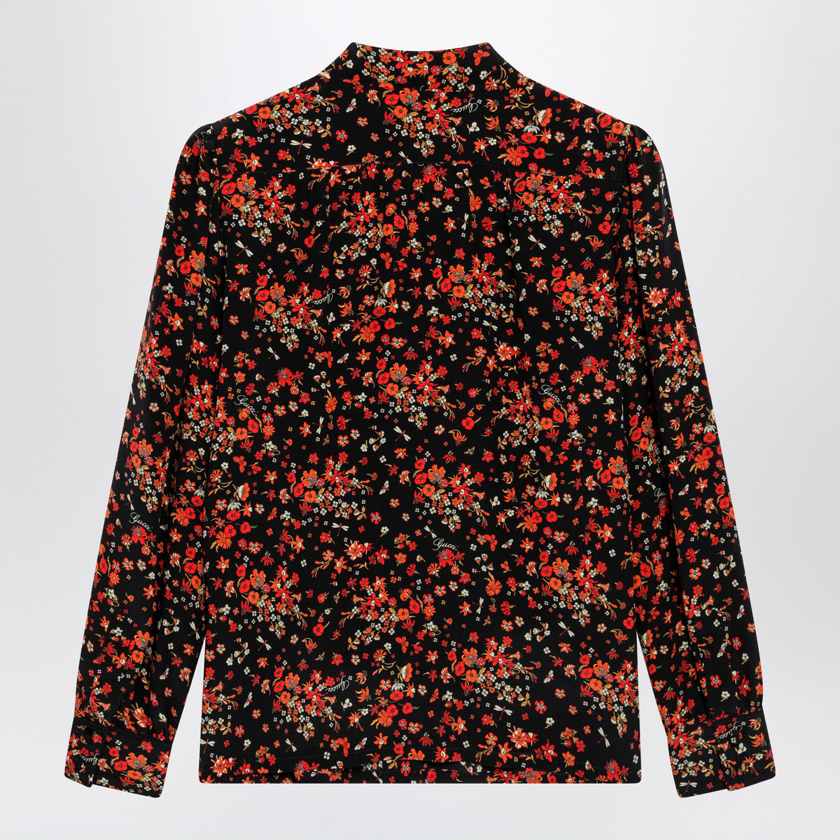 Gucci Printed Silk Shirt With Bow In Black/Red Women GUCCI