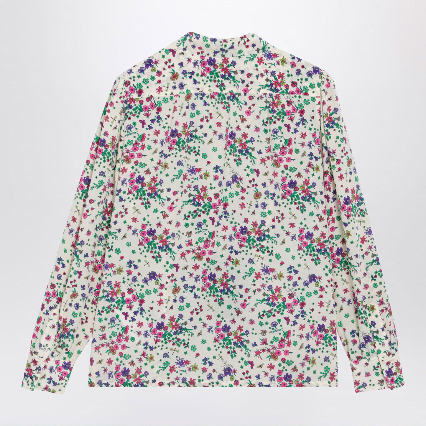Gucci Printed Silk Shirt With Bow In Ivory/Pink Women GUCCI