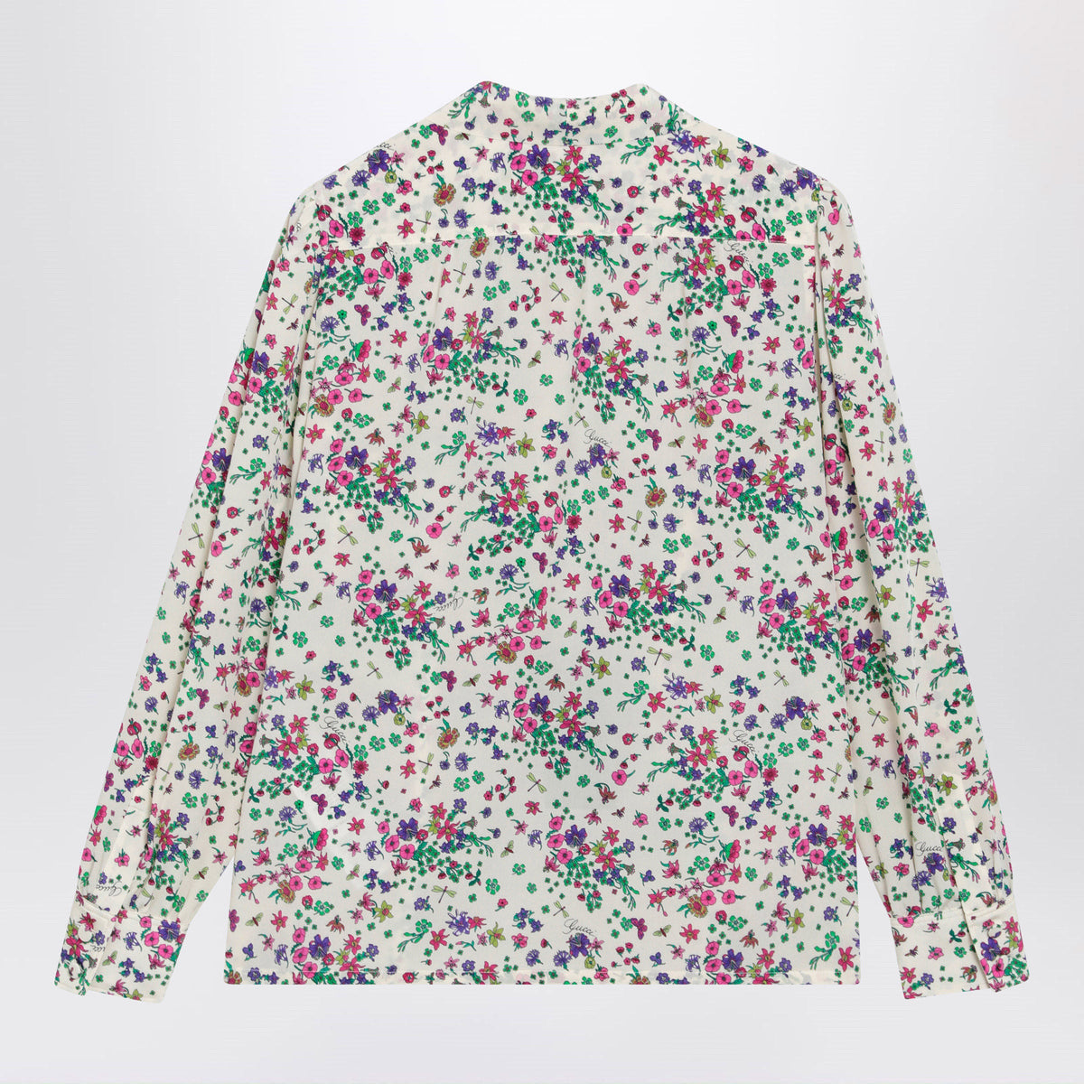 Gucci Printed Silk Shirt With Bow In Ivory/Pink Women GUCCI