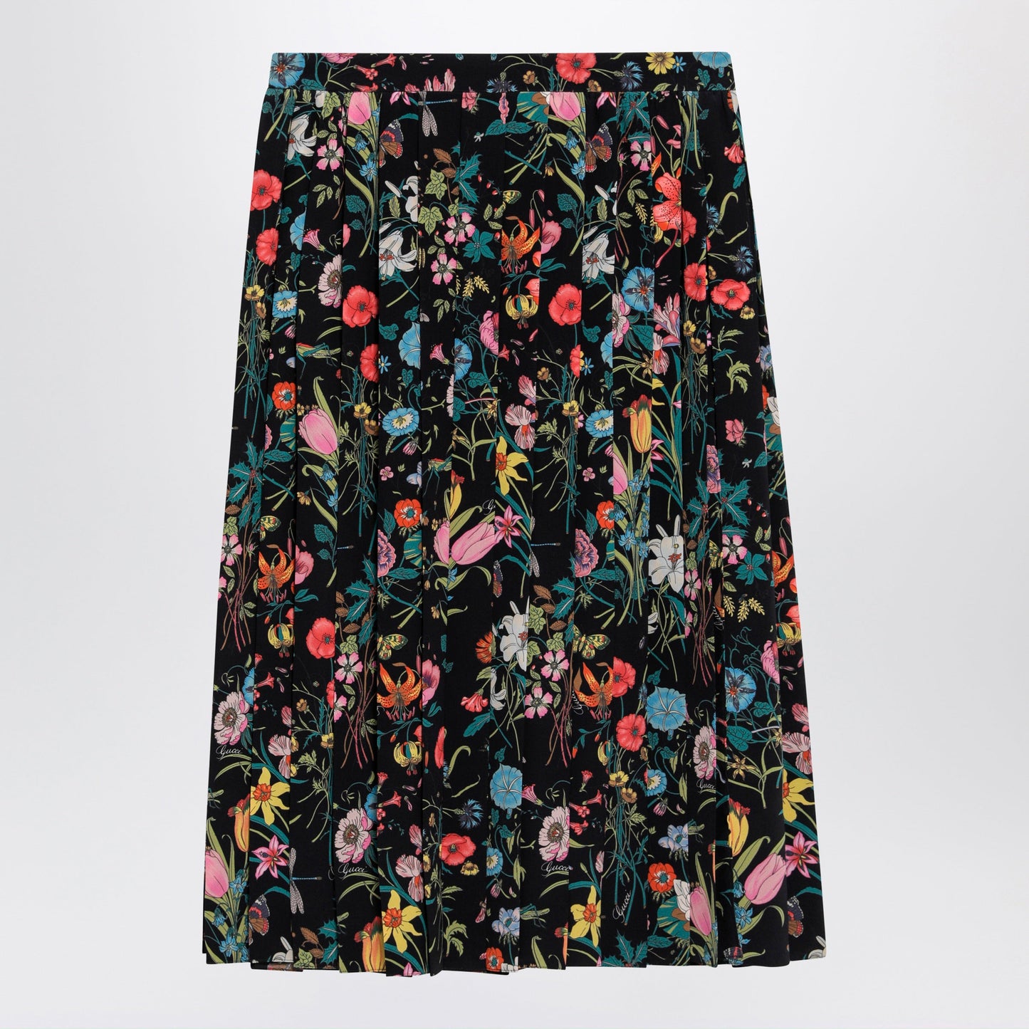Gucci Pleated Midi Silk Skirt With Flora Print In Black Women GUCCI