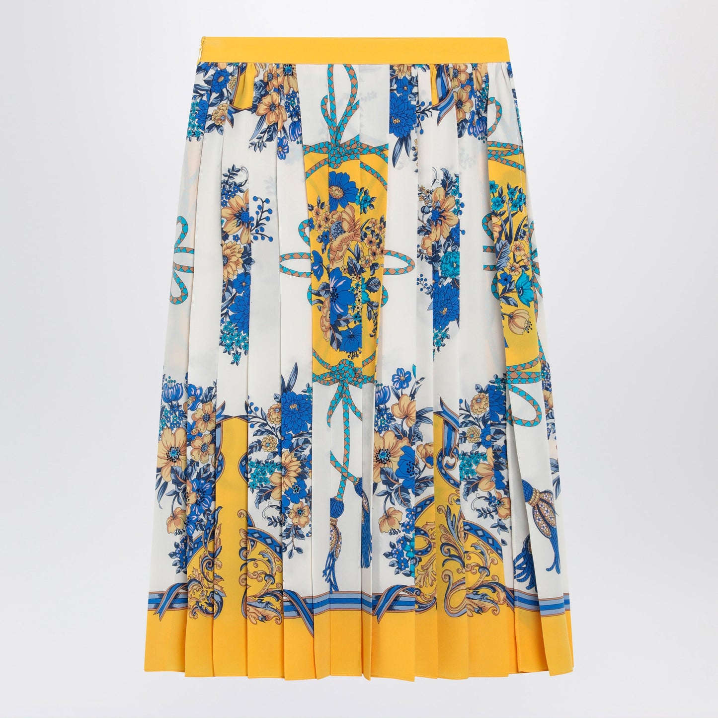Gucci Pleated Midi Silk Skirt With Flora Print In Yellow/Ivory Women GUCCI