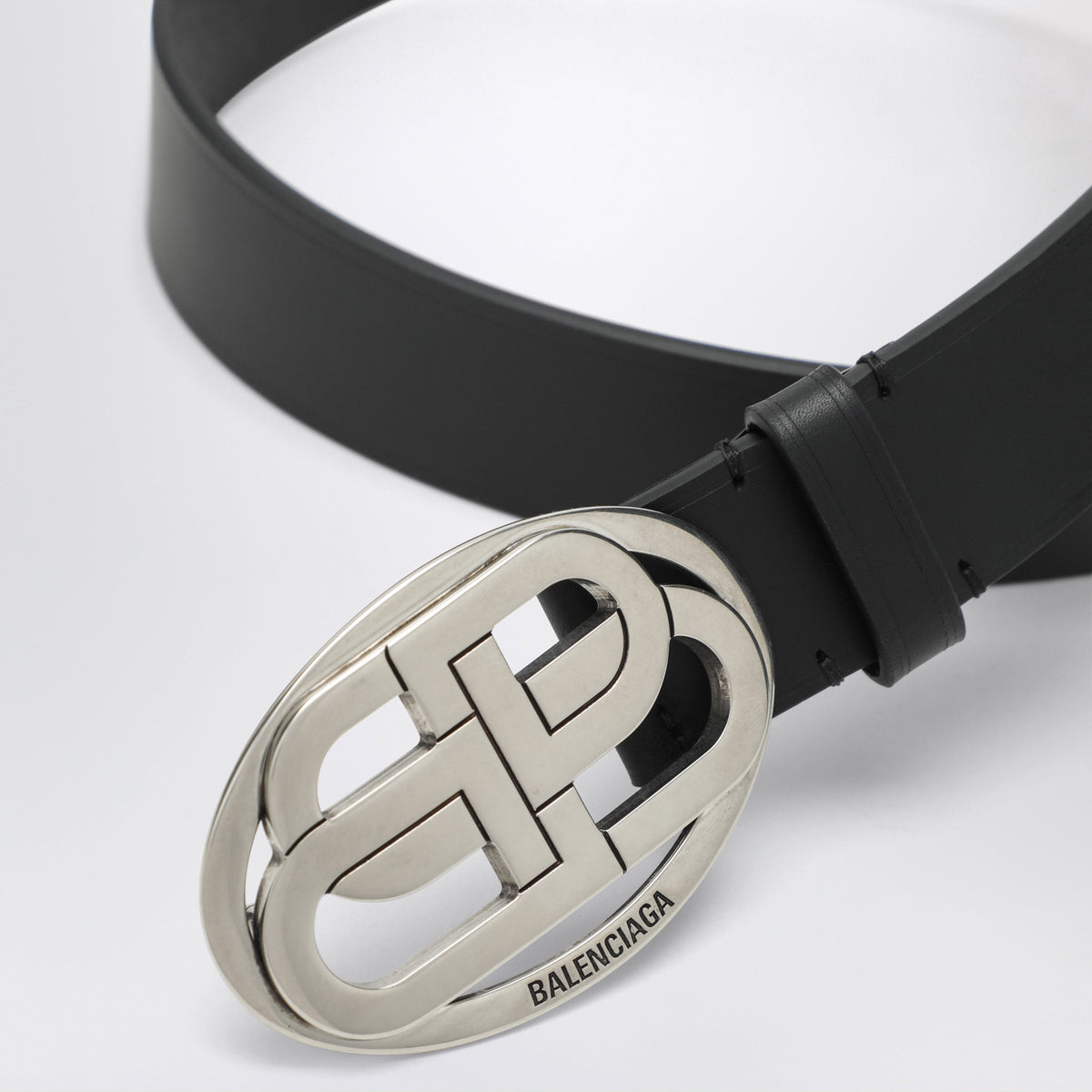 Balenciaga Black Leather Oval Bb Belt Men BALENCIAGA