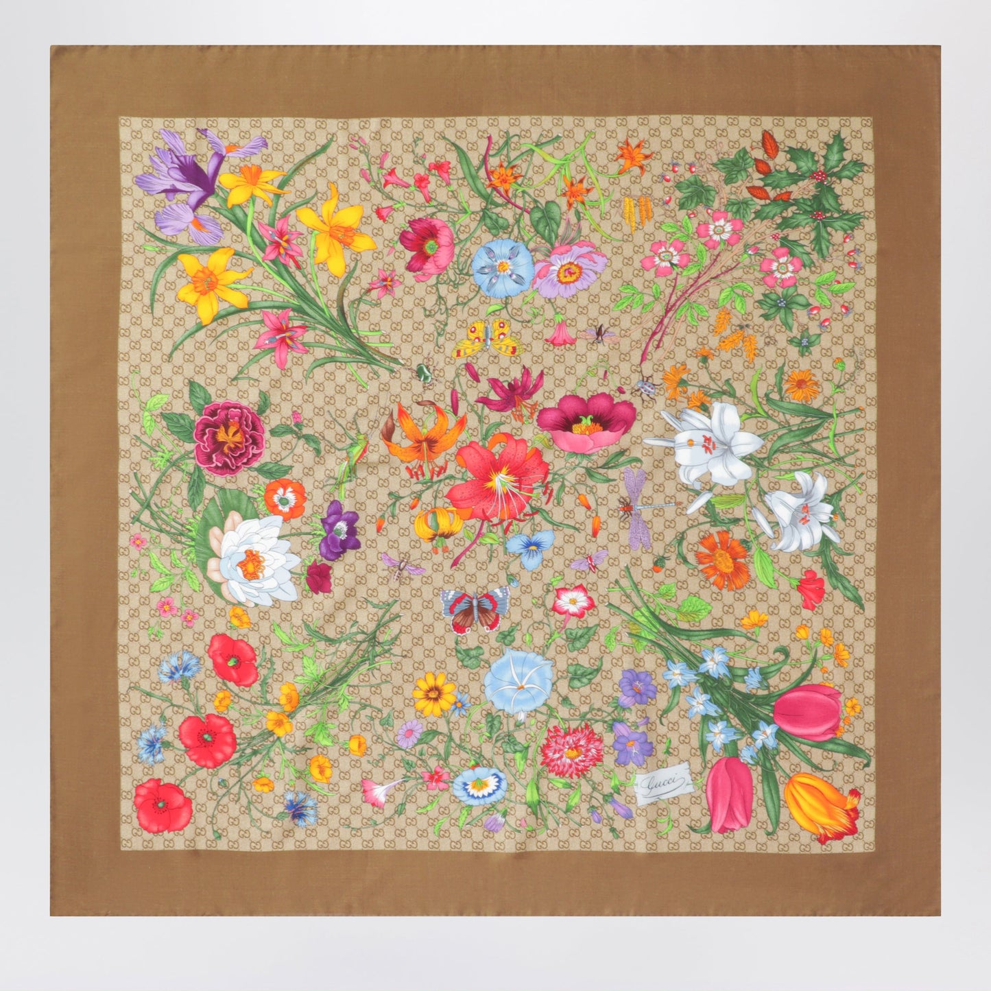 Gucci Wool And Silk Shawl With Flora And Gg Print In Shell Women GUCCI