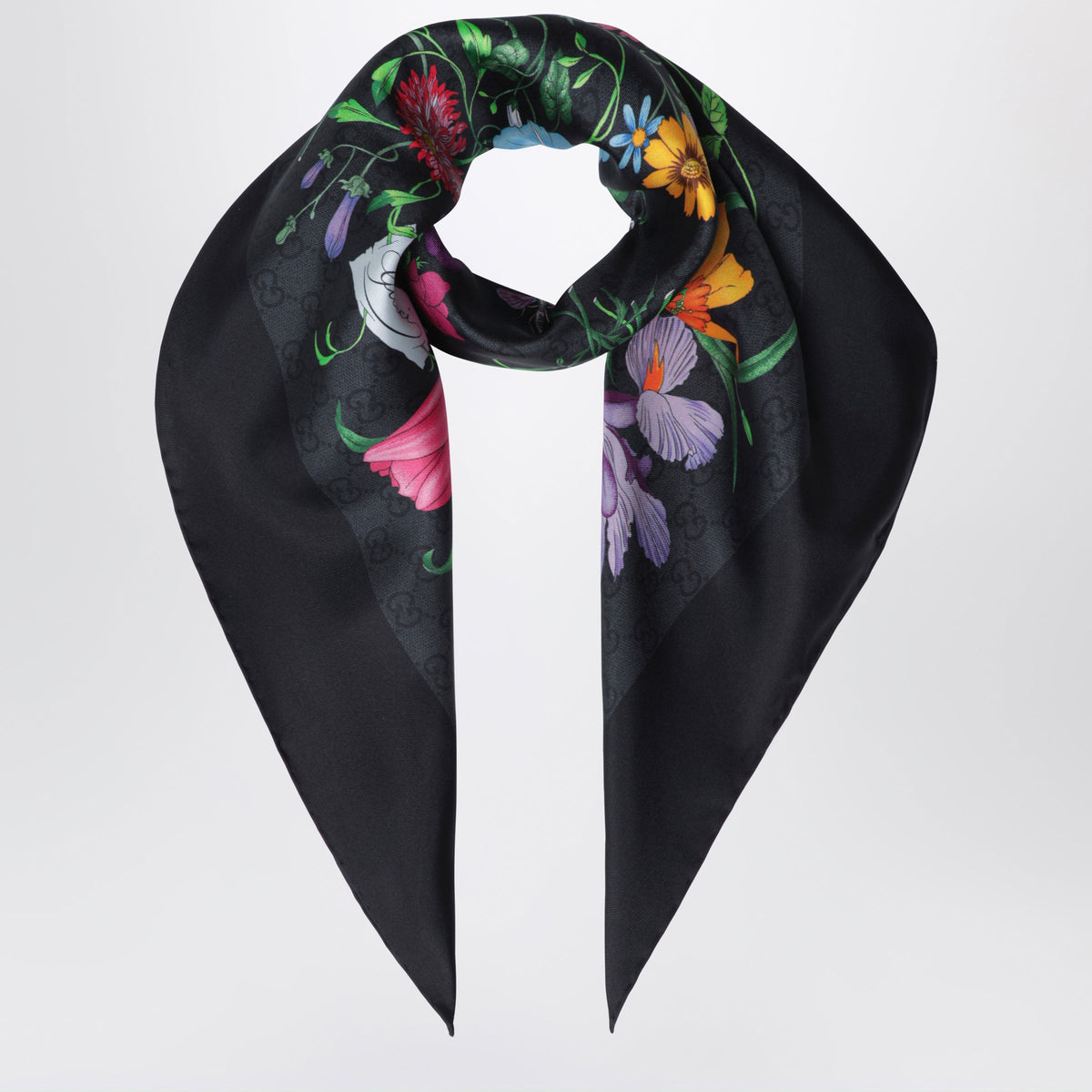 Gucci Silk Twill Carre With Gg Flora Print In Black Women GUCCI