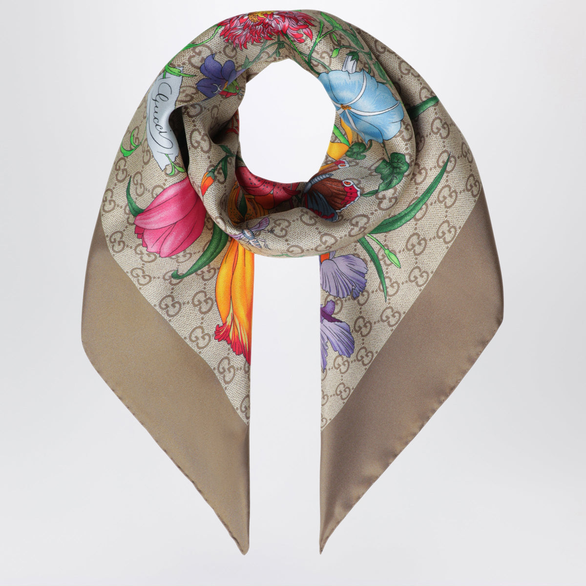 Gucci Silk Twill Carre With Gg Flora Print In Light Brown Women GUCCI