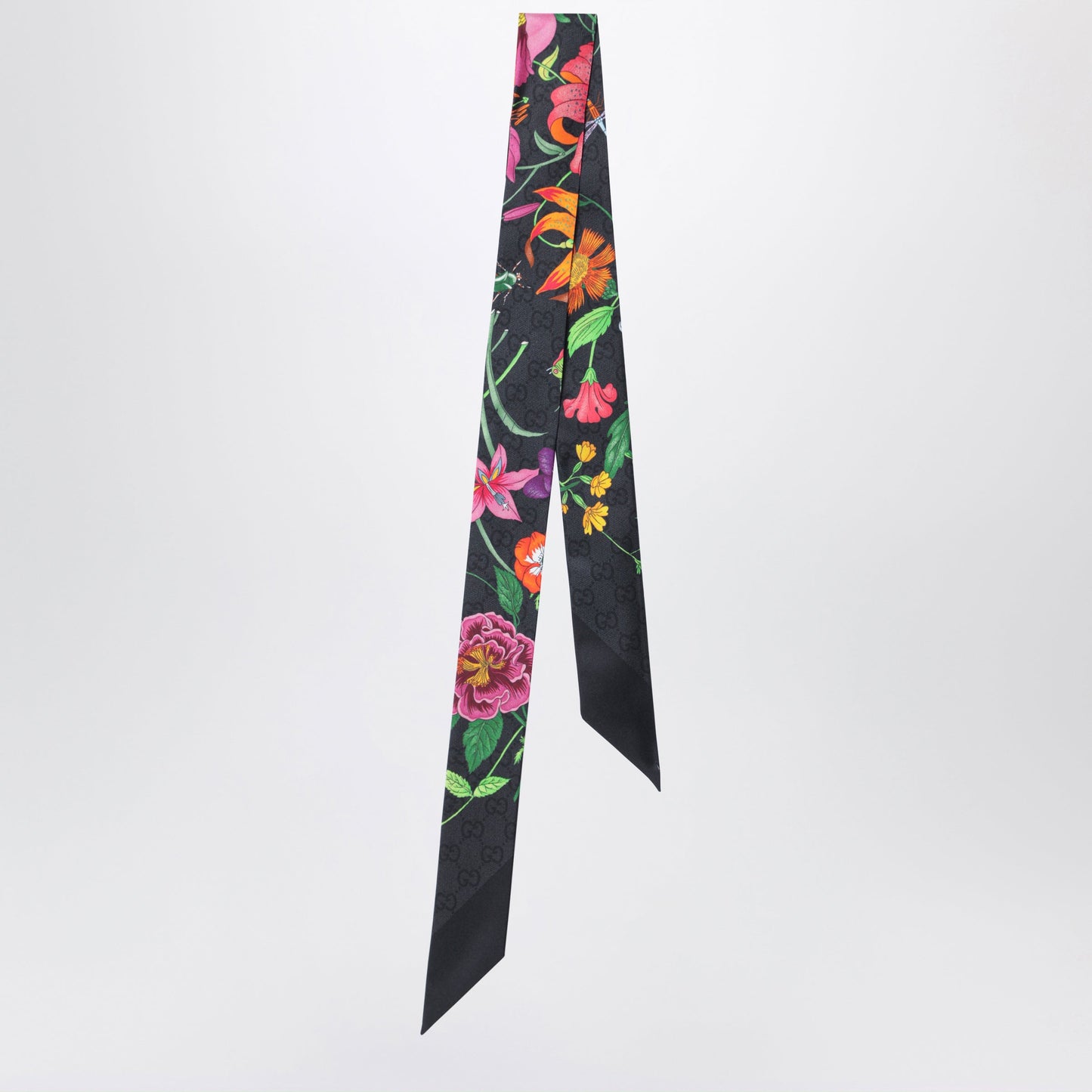 Gucci Silk Ribbon With Gg Flora Print In Black Women GUCCI
