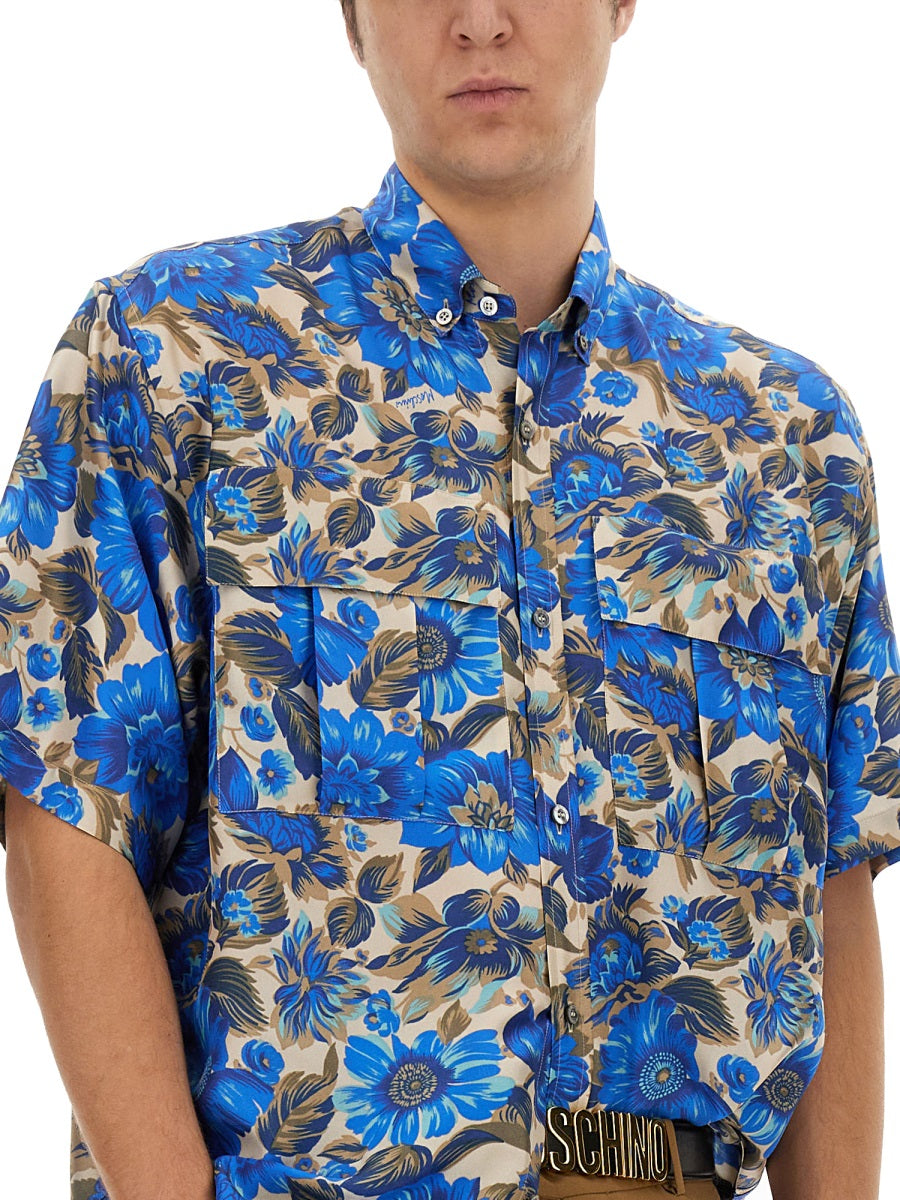 Moschino Men Blue Flowers Allover Print Shirt MOSCHINO