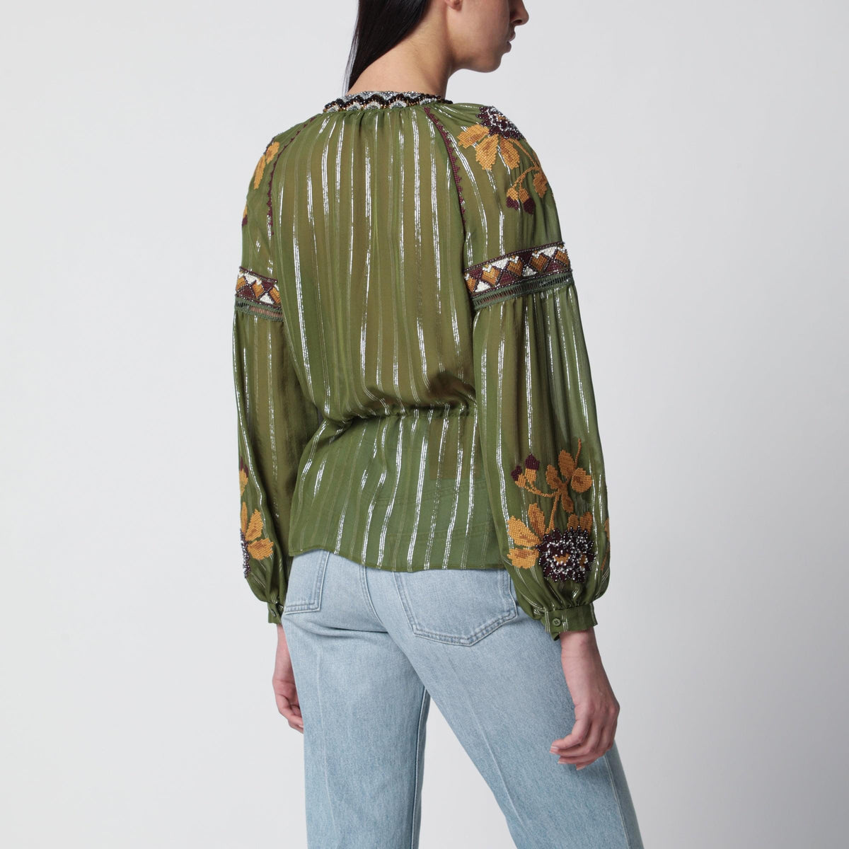 Valentino Embroidered Lurex Silk Shirt Green Camou Women VALENTINO