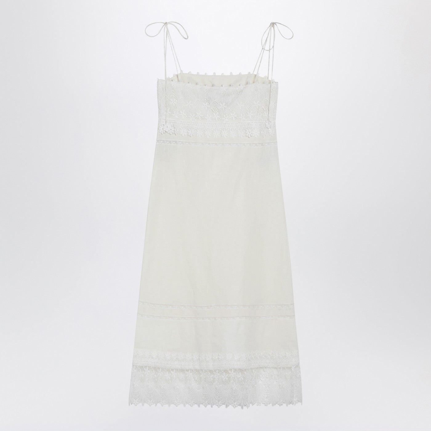 Valentino Ivory Linen Midi Dress With Sangallo Embroidery Women VALENTINO