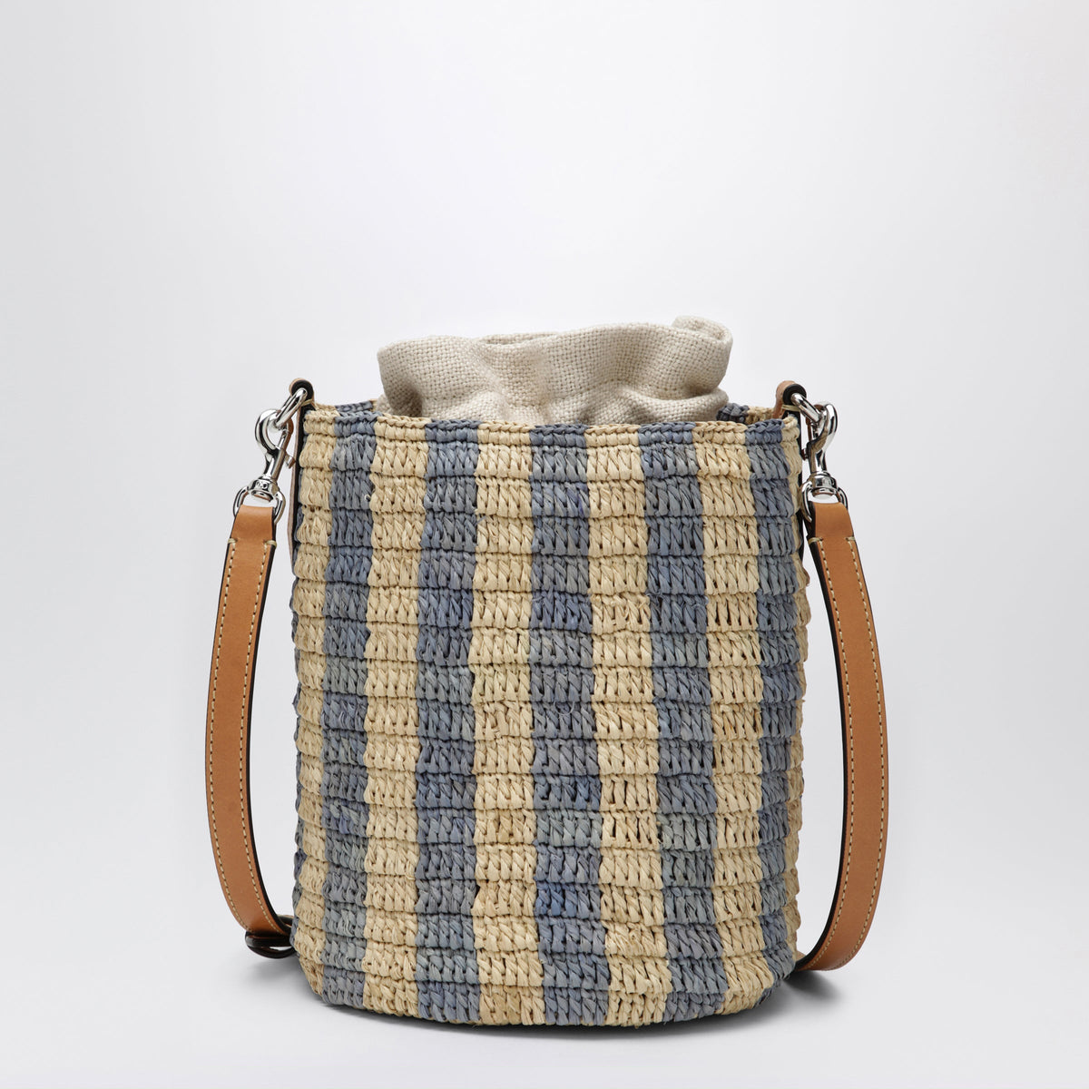 Valentino Garavani Small Bucket Bag In Raffia With Beige And Light Blue Stripes Women VALENTINO GARAVANI