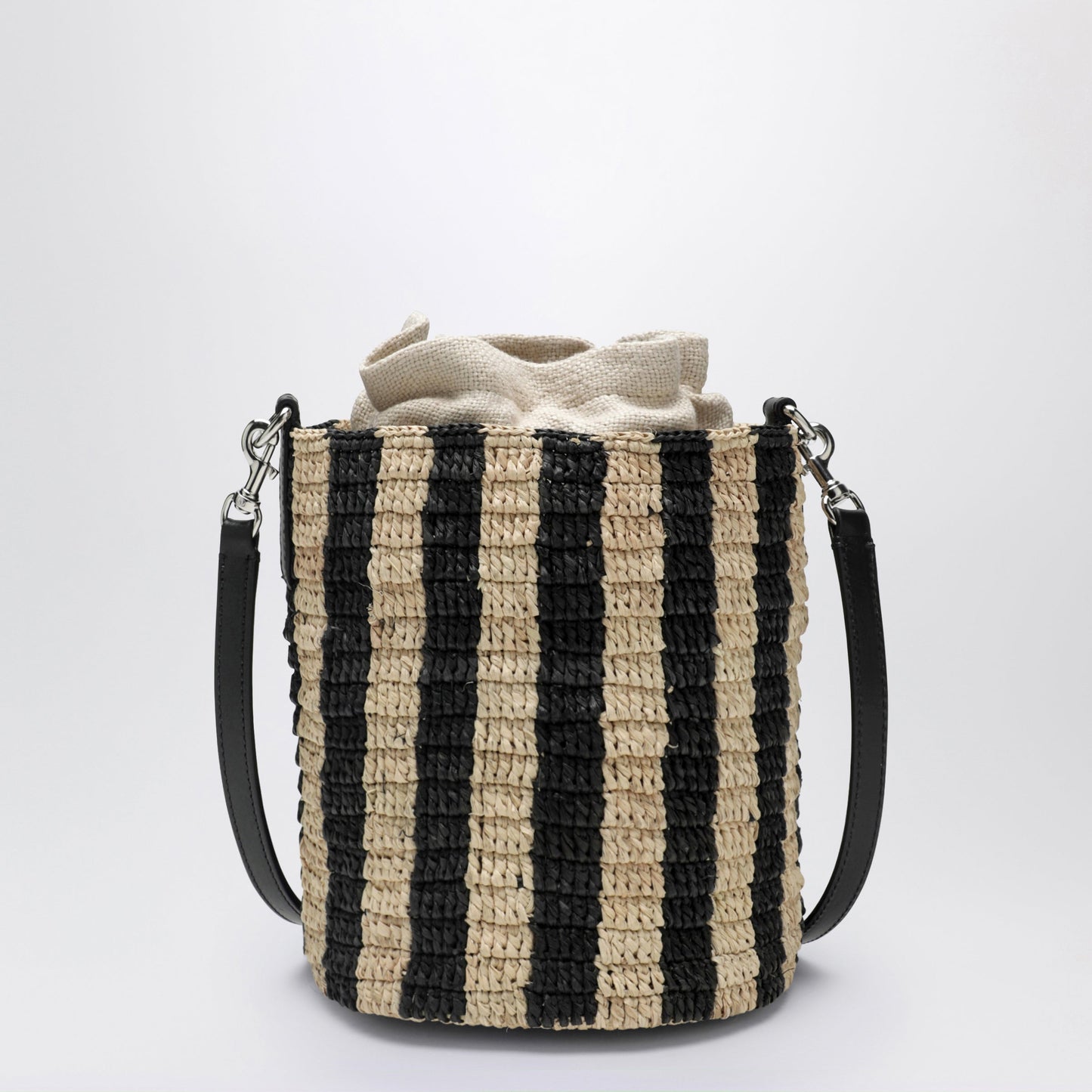 Valentino Garavani Small Bucket Bag In Raffia With Beige And Black Stripes Women VALENTINO GARAVANI