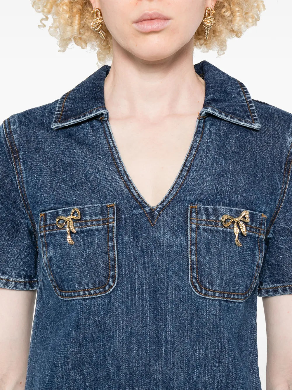 Self-Portrait Women Women`S Blue V-Neck Denim Dress SELF-PORTRAIT