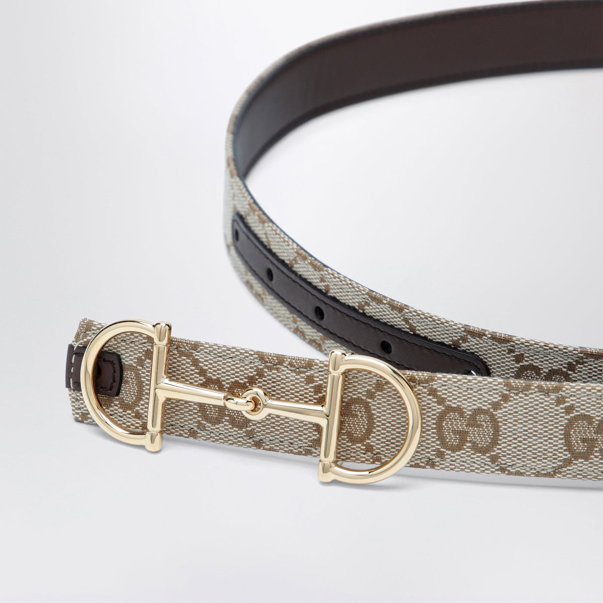 Gucci Reversible Gg Fabric And Leather Belt In Sand/Brown With Horsebit Buckle Women GUCCI
