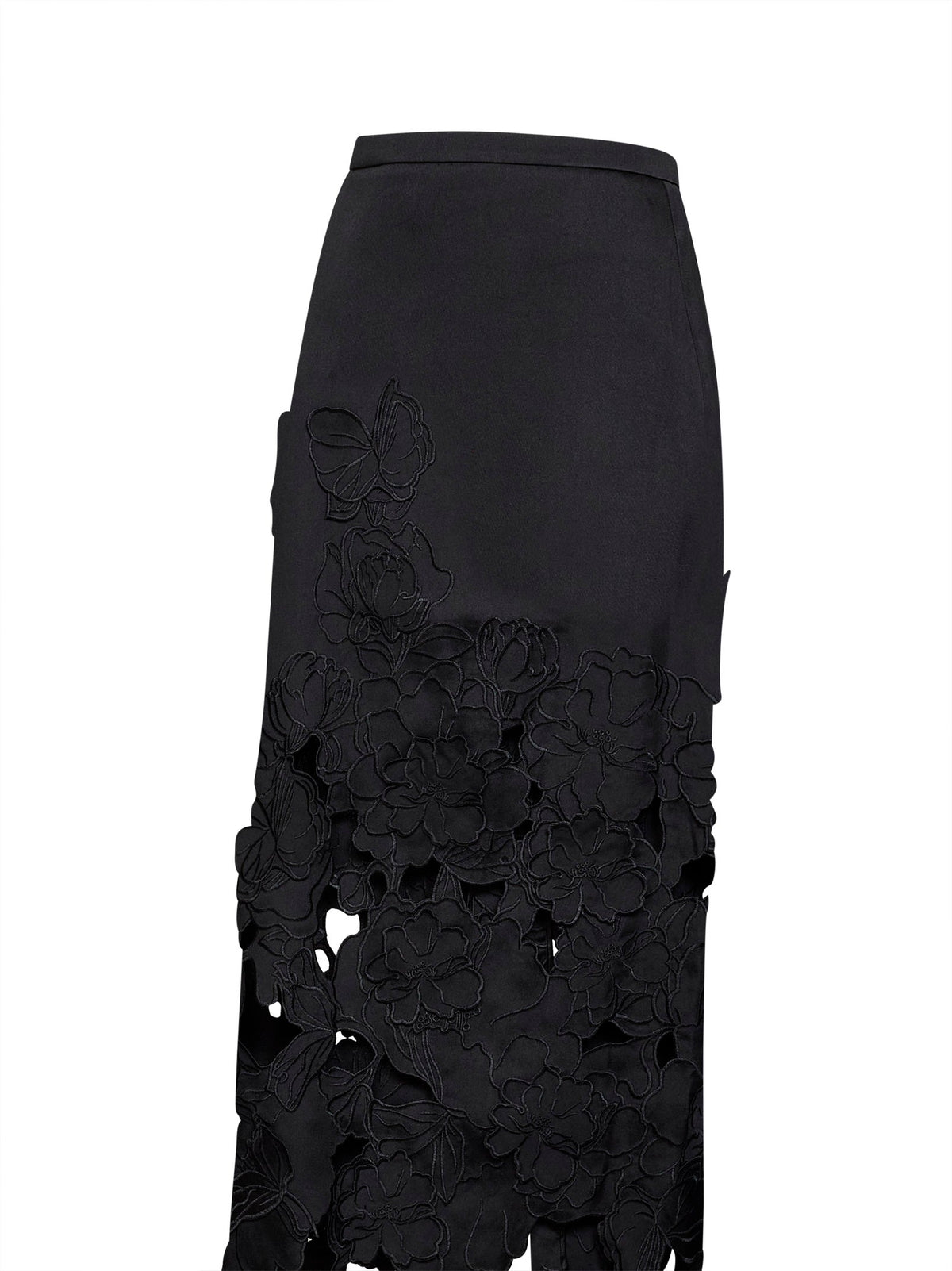 Costarellos Women Black Floral-Cut Embroidery Satin Alexina Midi Pencil Skirt COSTARELLOS