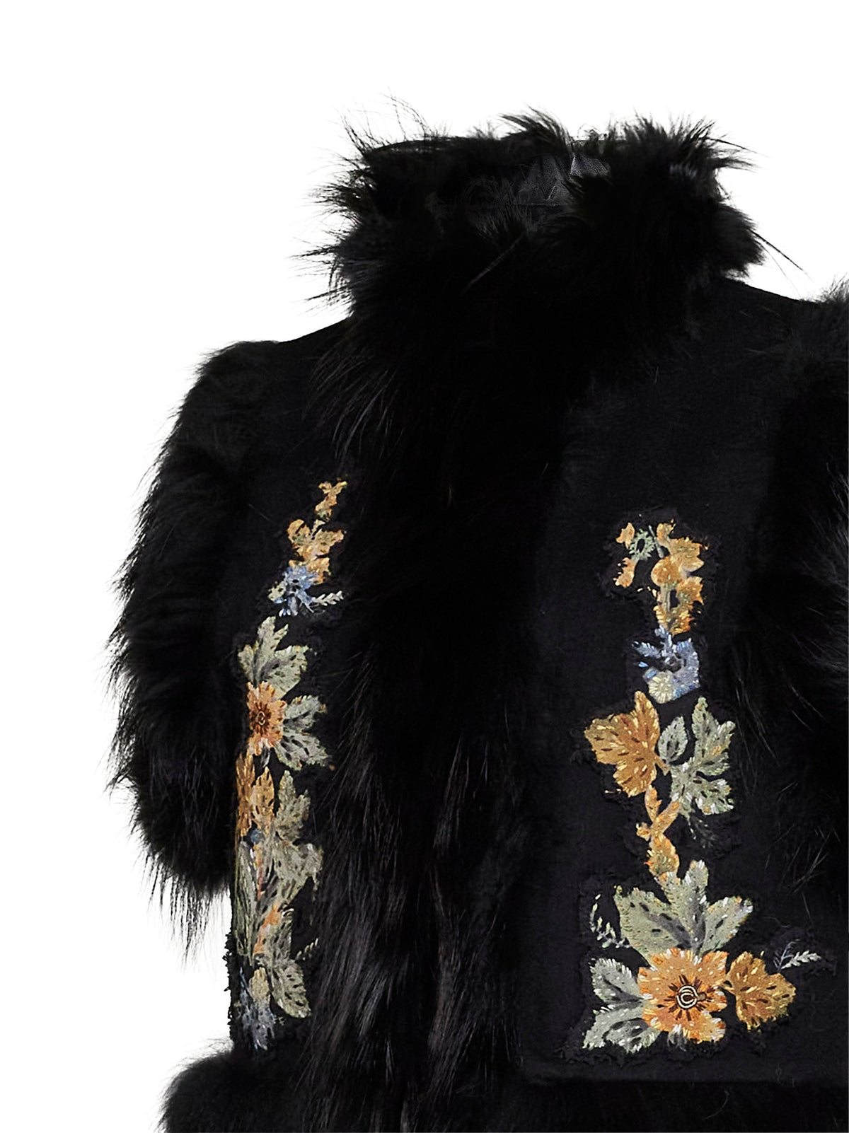 Fendi Women Black Wool Vest With Embroidery And Fox Fur Trims FENDI