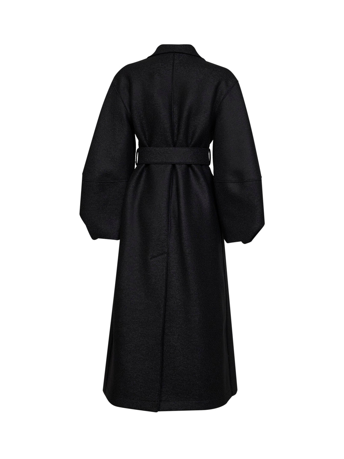 Harris Wharf London Women Black Felted Wool Long Puff-Sleeves Belted Wrap Coat HARRIS WHARF LONDON