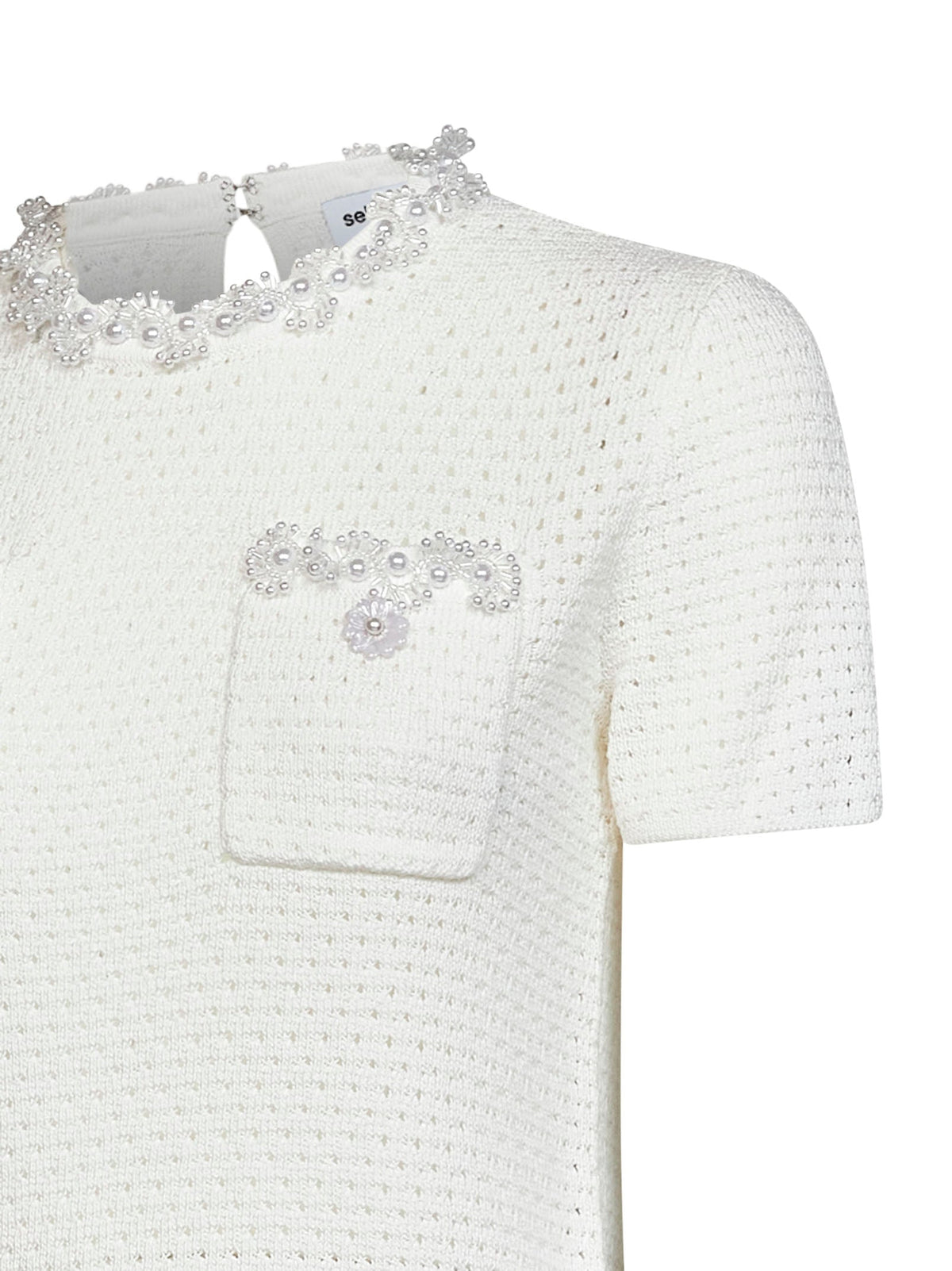 Self Portrait Women Cream Openwork Knit Top With Bead Embroidery SELF-PORTRAIT
