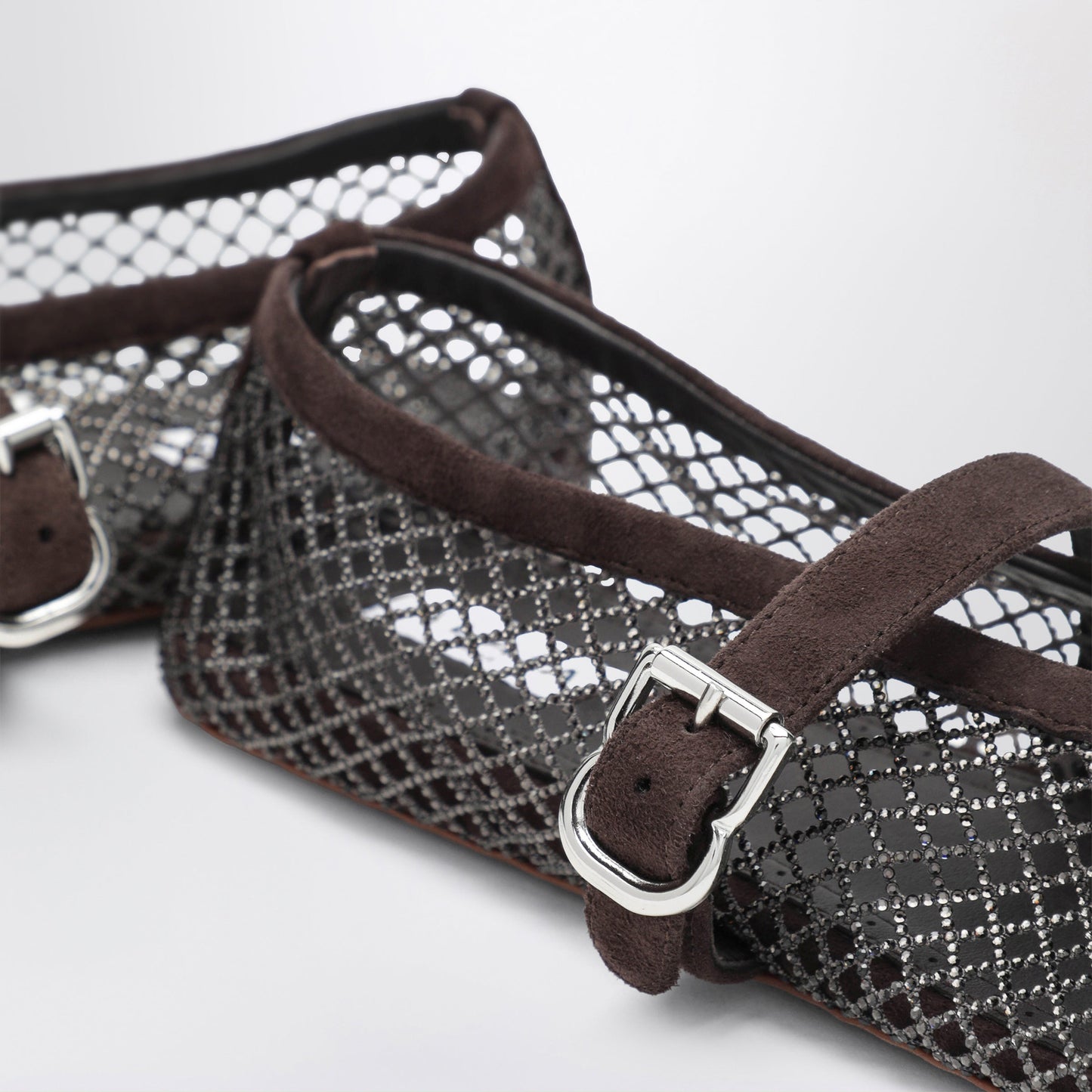 Alaia Flat Rhinestone Mesh Ballerinas In Suede, Smoky Brown Women ALAIA