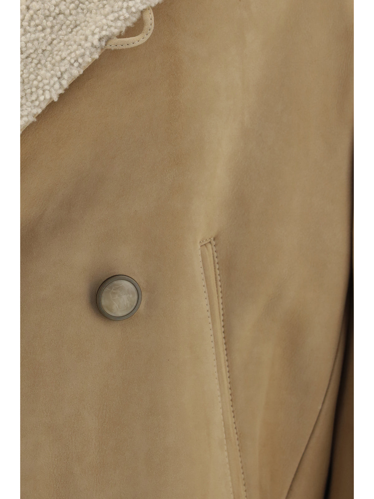 Brunello Cucinelli Men Curly Suede Shearling Pea Coat With Shawl Collar BRUNELLO CUCINELLI