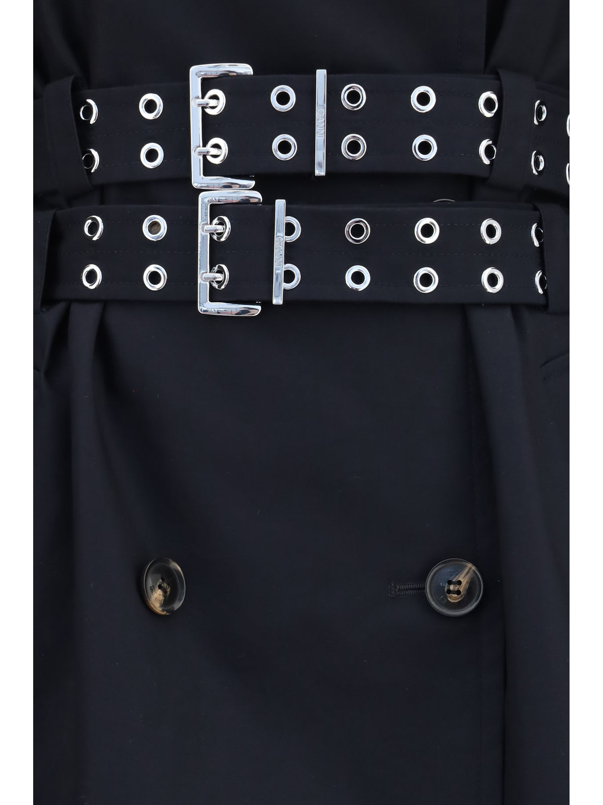 Ganni Women Double-Breasted Cotton Trench Coat With Double Belt