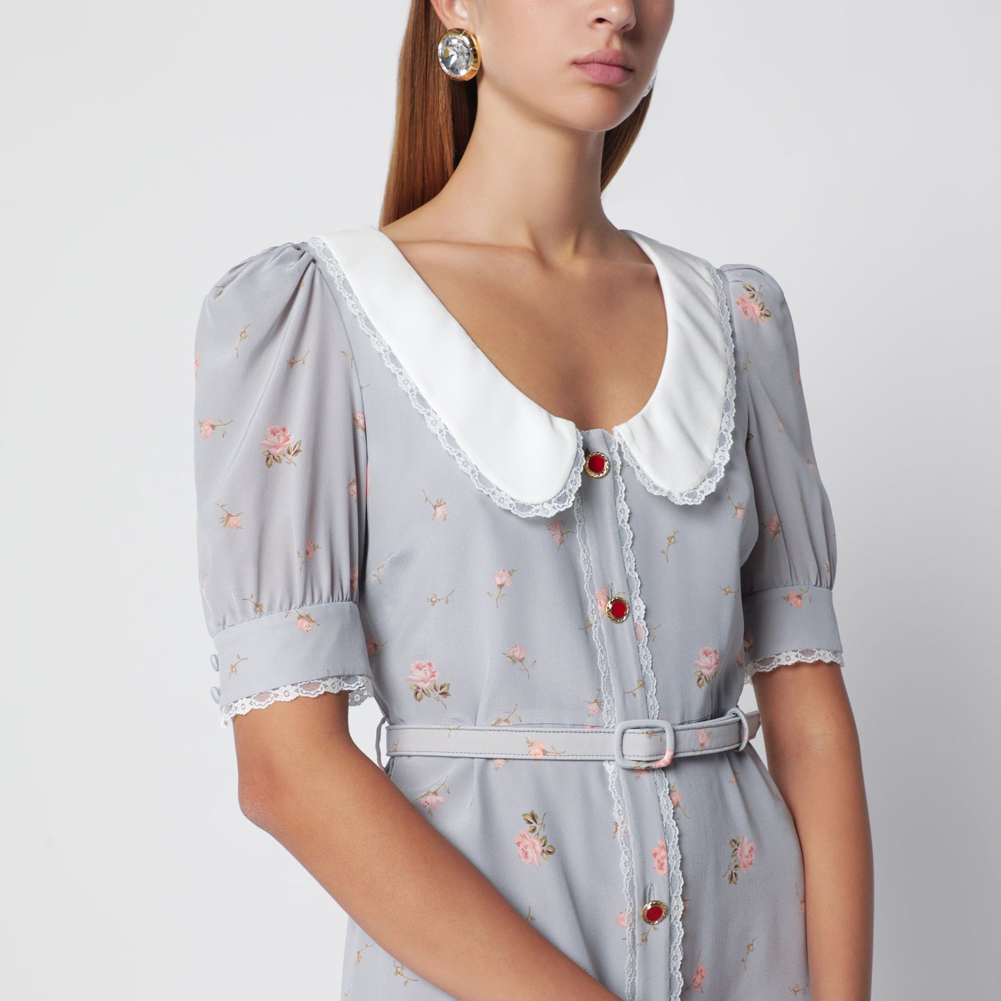 Alessandra Rich Grey/Pink Floral-Print Silk Midi Dress Women ALESSANDRA RICH