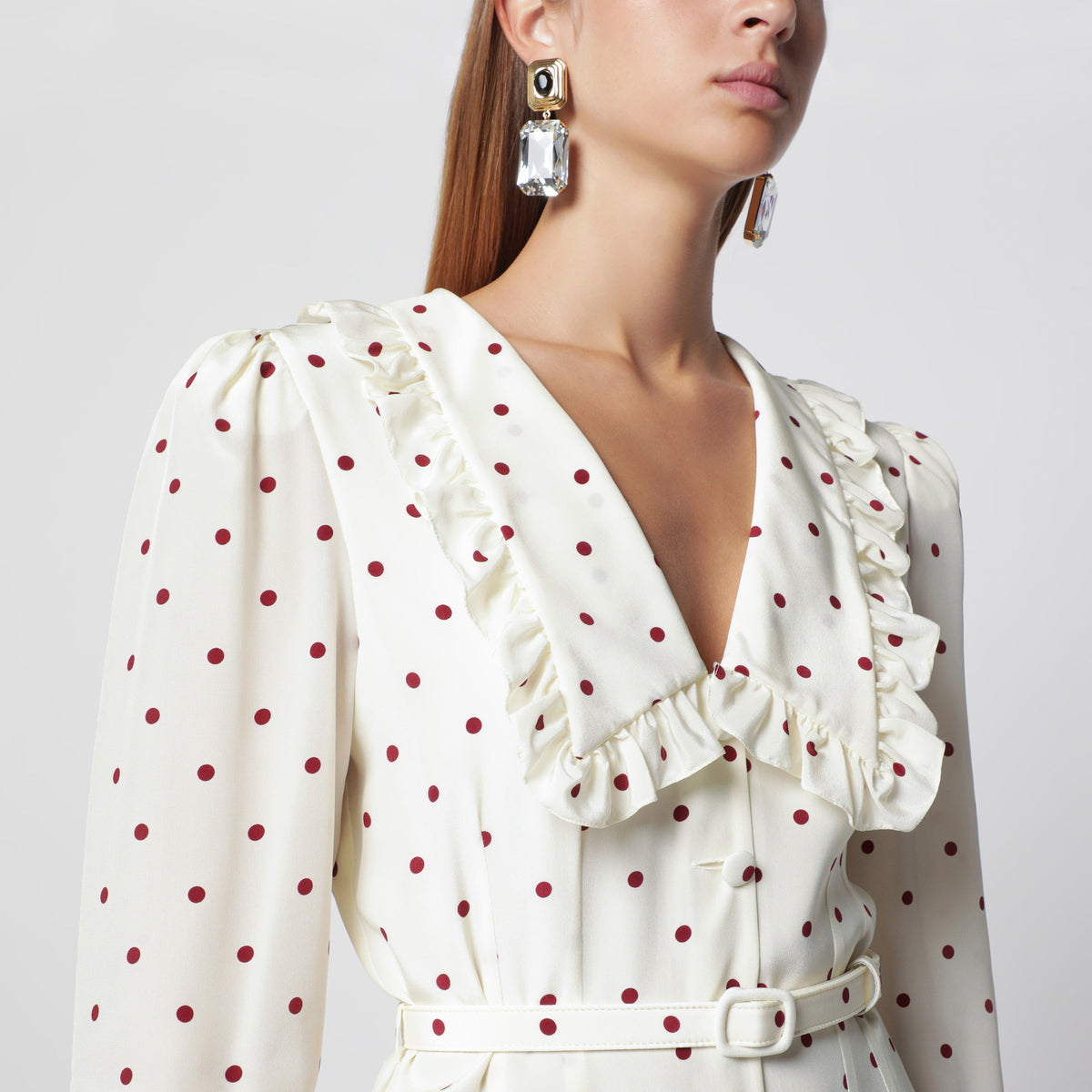 Alessandra Rich Cream Silk Midi Dress With Burgundy Polka Dots Women ALESSANDRA RICH