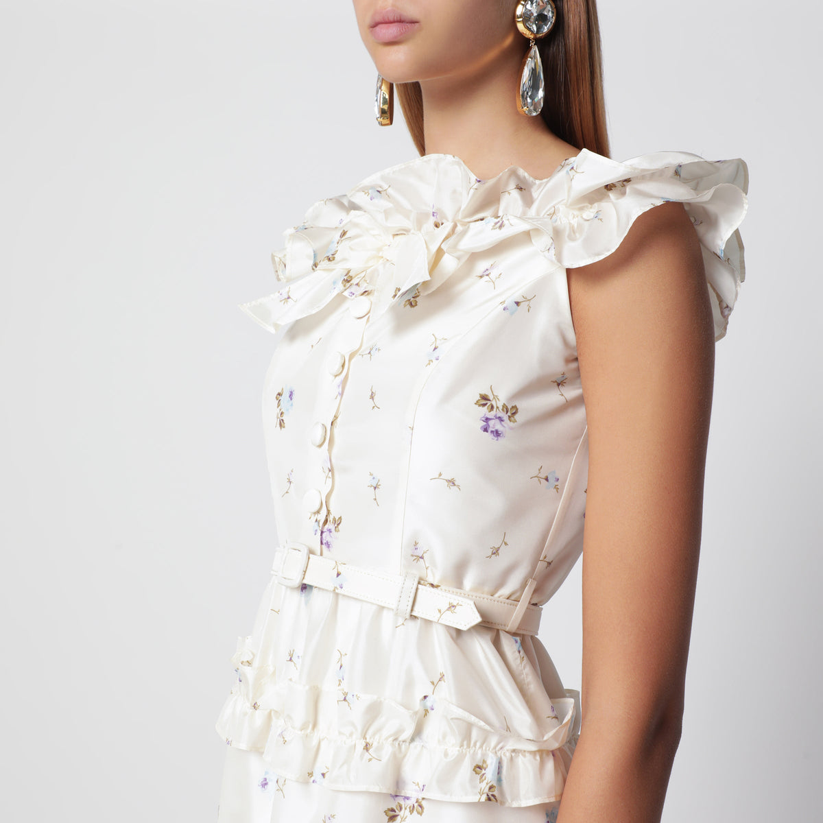 Alessandra Rich White Silk Midi Dress With Floral Pattern Women ALESSANDRA RICH
