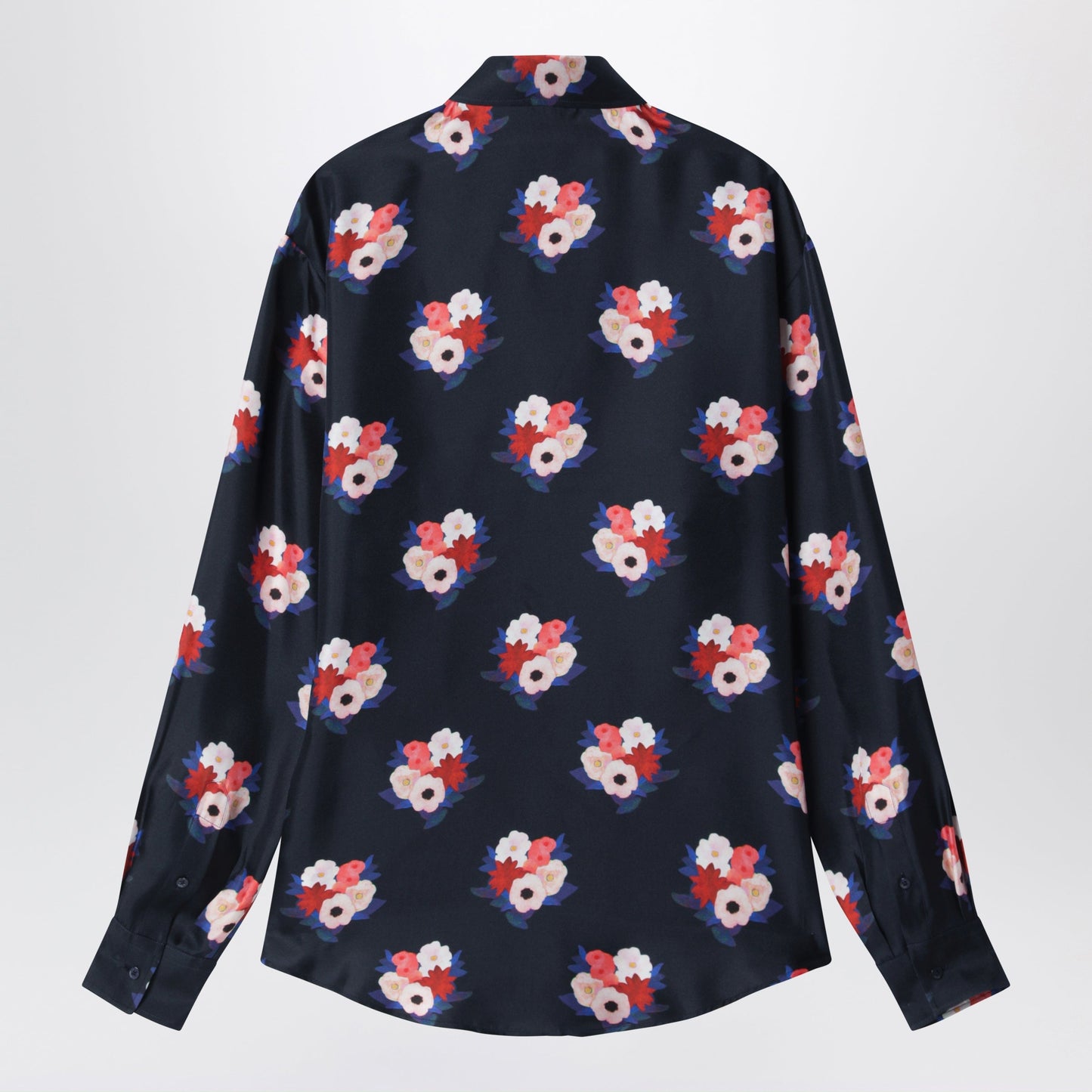 Fendi Dark Blue Satin Shirt With Floral Print Men FENDI