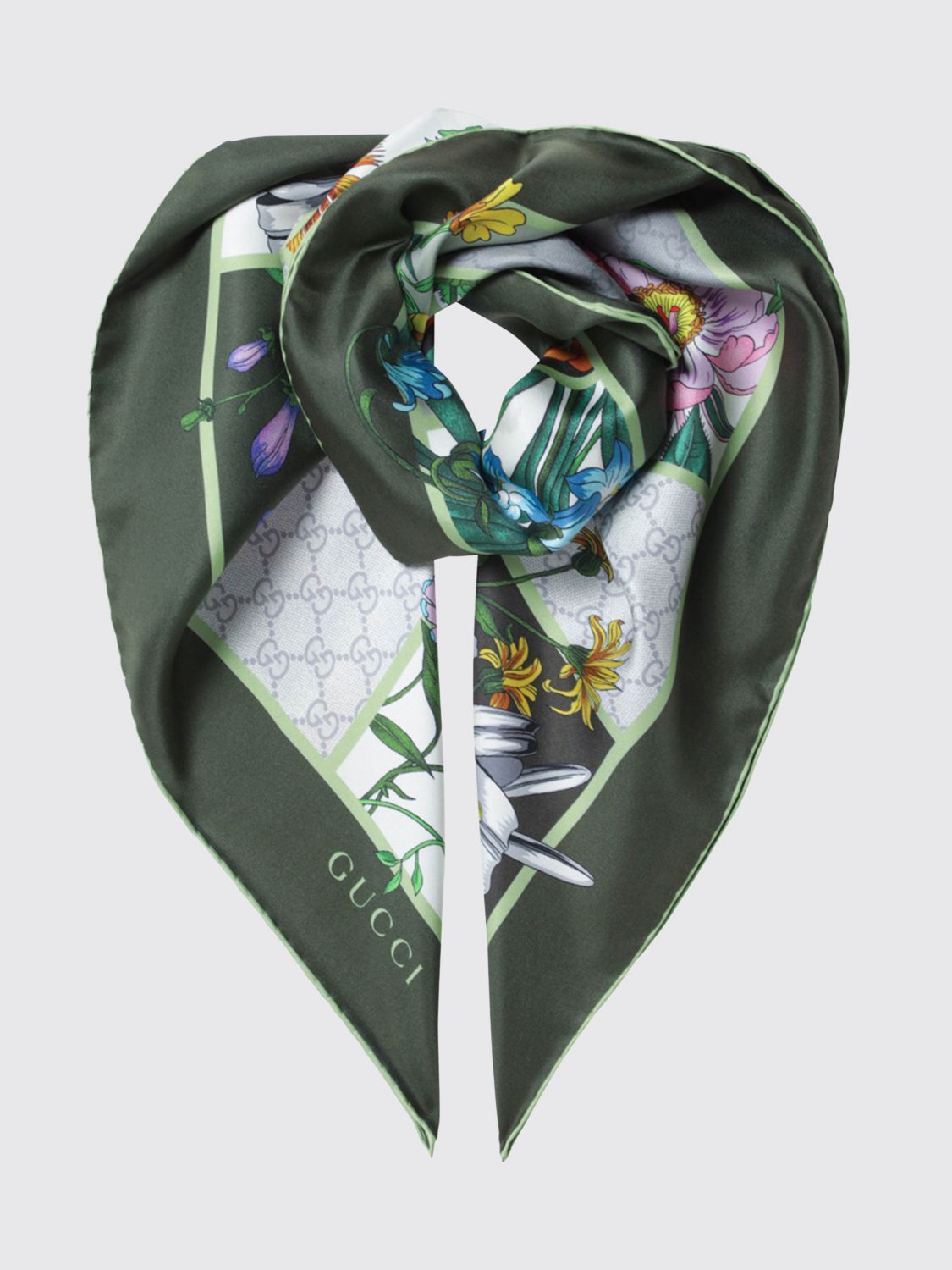 Gucci Women Gg Monogram And Floral Motif Silk Twill Scarf Gucci GUCCI