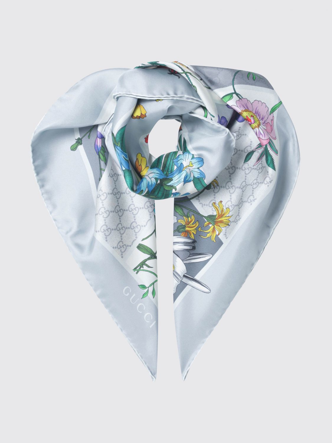 Gucci Women Gg Monogram And Floral Motif Silk Twill Scarf Gucci GUCCI