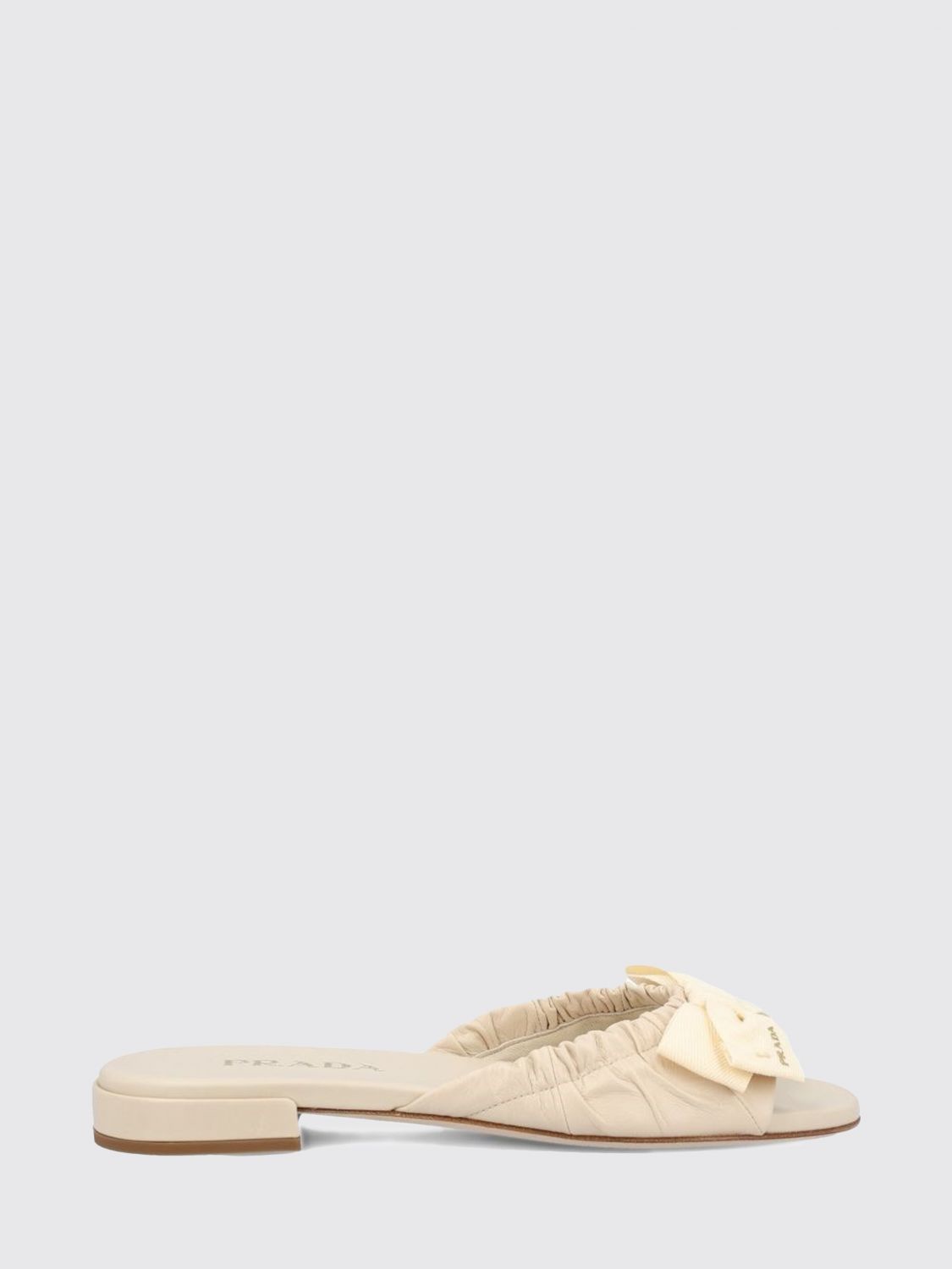 Prada Women Ruched Leather Mules With Bow Prada