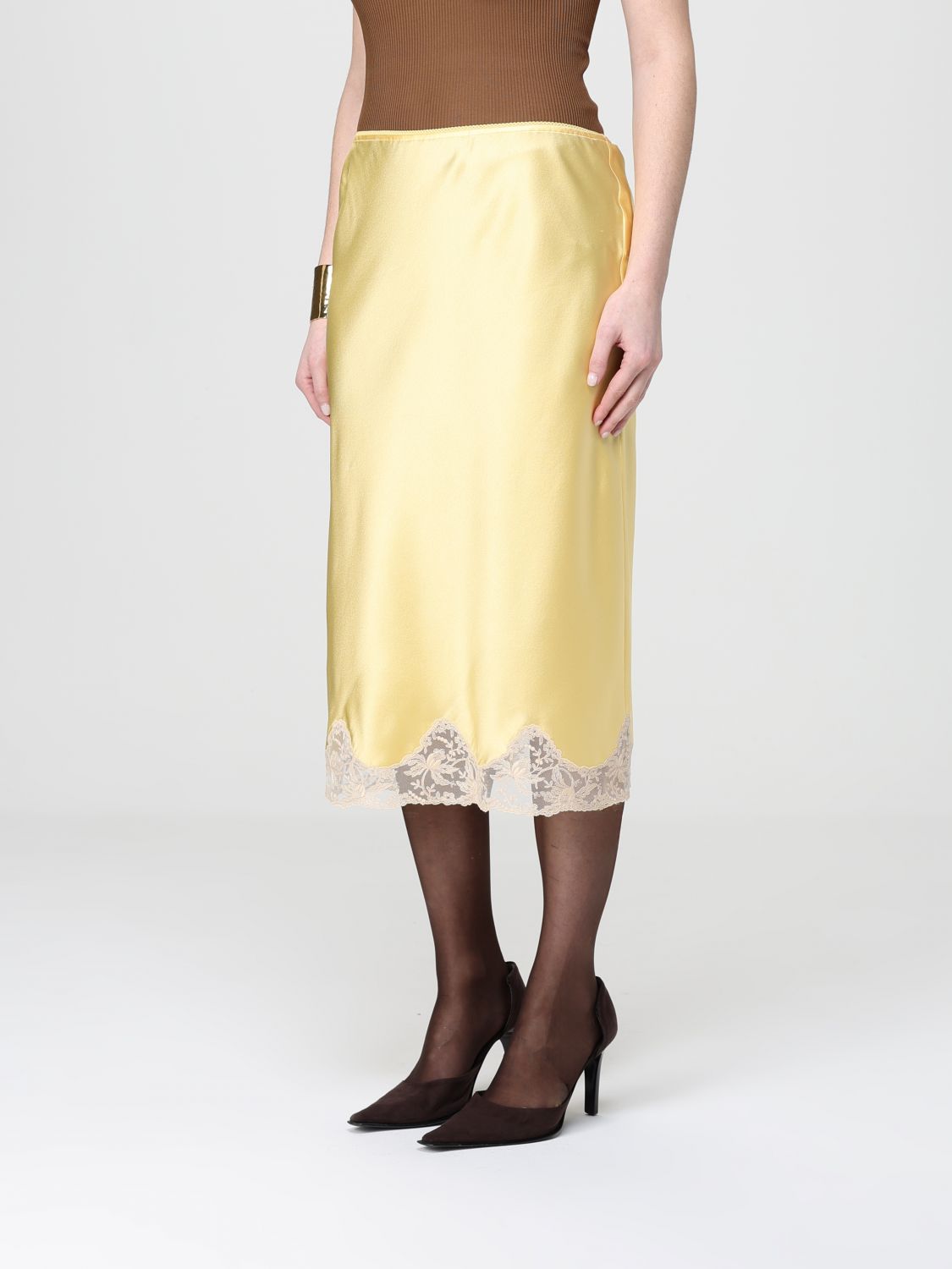 Saint Laurent Women Satin Midi Skirt With Lace Inserts Saint Laurent SAINT LAURENT