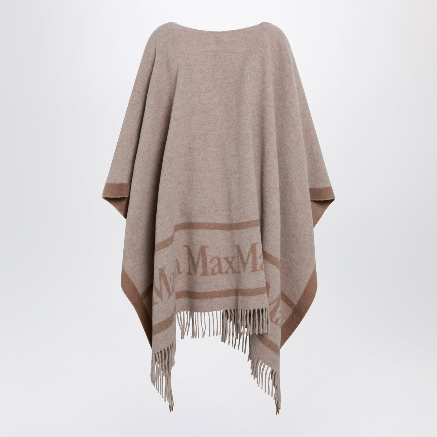 Max Mara Jacquard Poncho With Fringes In Sand-Colored Wool Women MAX MARA