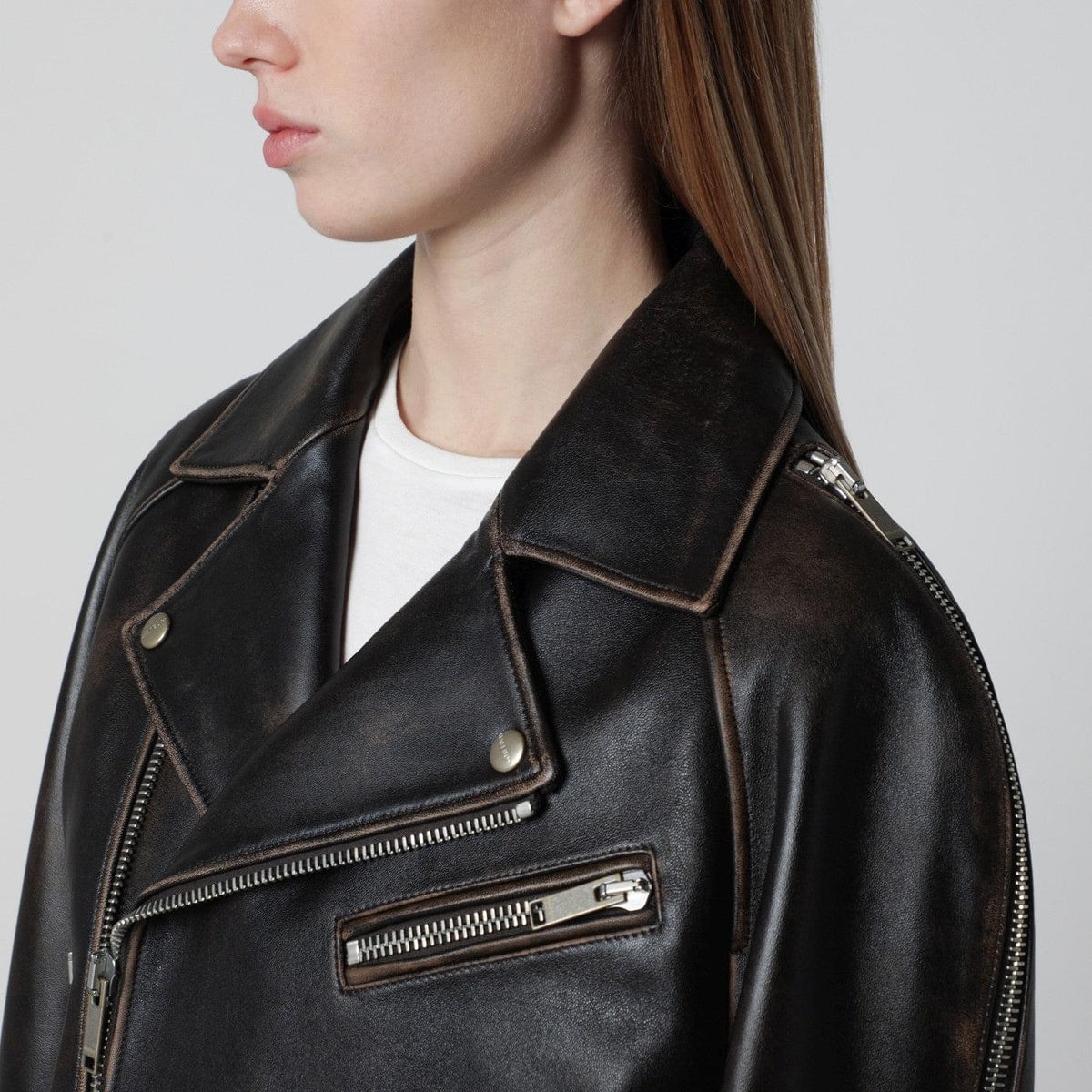Halfboy Oversized Dark Brown Leather Biker Jacket Women HALFBOY