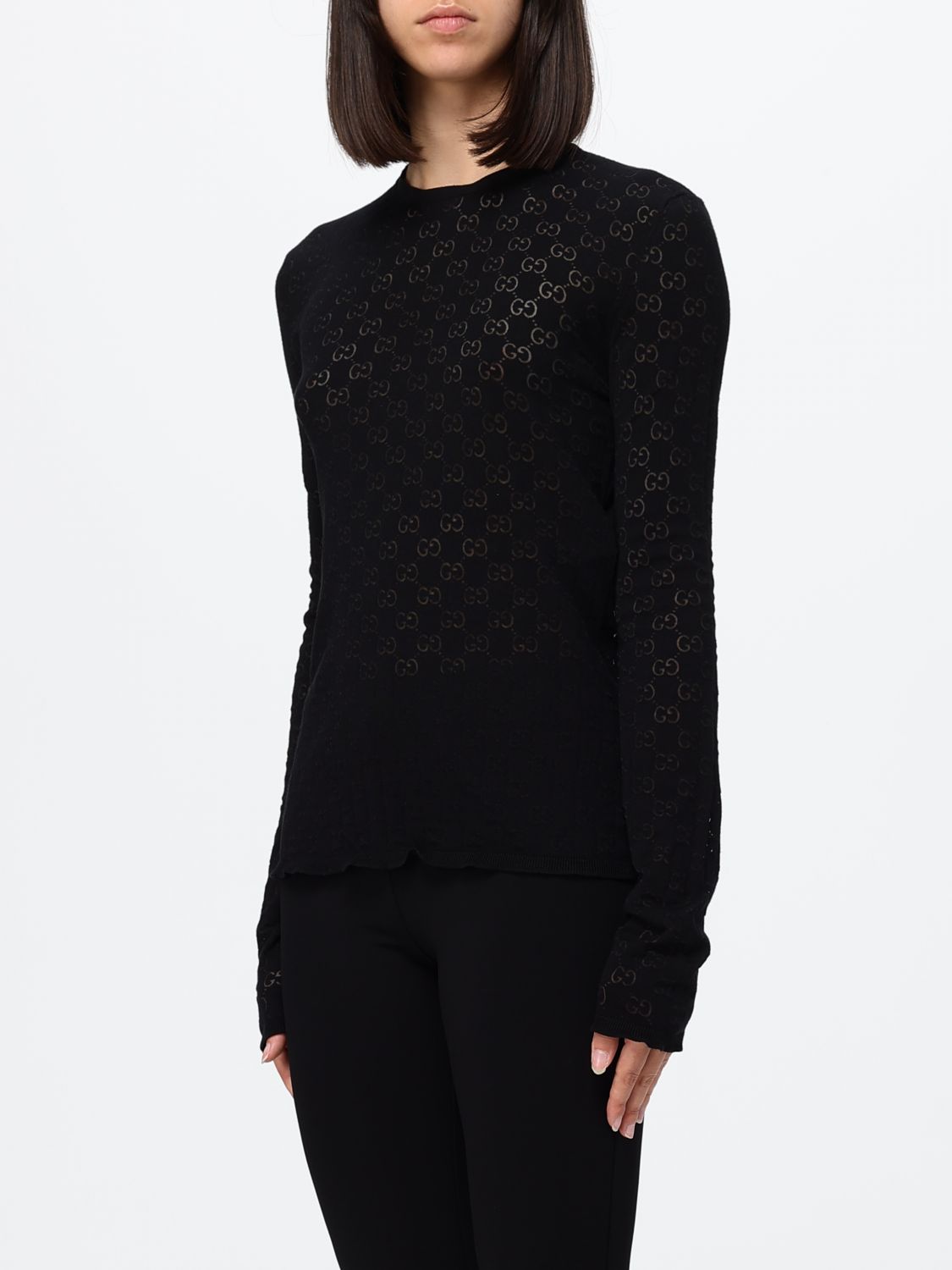 Gucci Women Gucci Sheer Gg Monogram Criªpe Top With Long Sleeves GUCCI