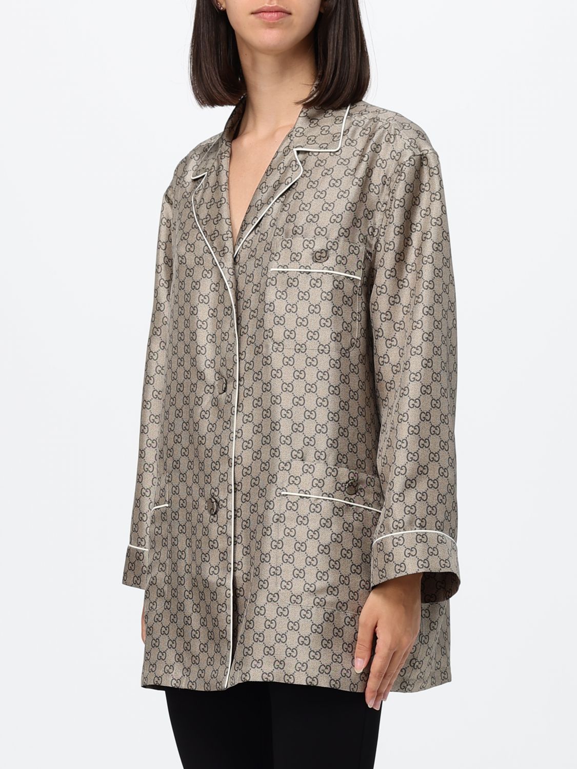 Gucci Women Gg Monogram Silk Gucci Pajama-Style Shirt With Revere Collar GUCCI