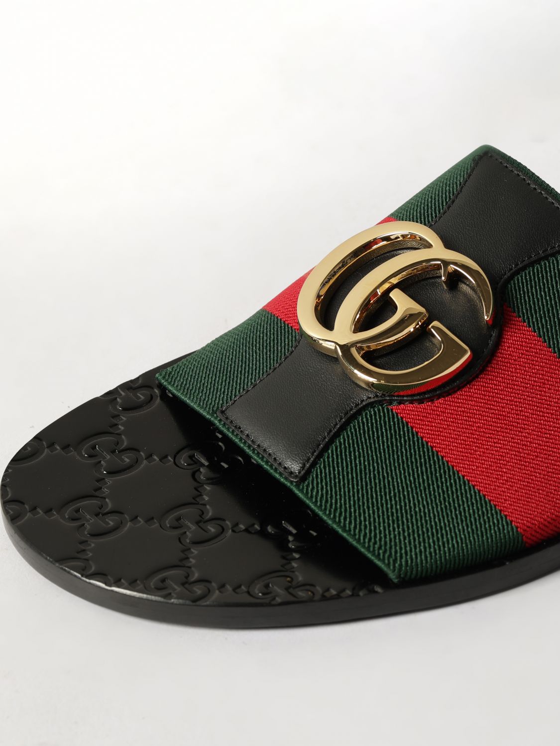 Gucci Men Gucci Gg Monogram Canvas Slide Sandals With Metal Logo GUCCI