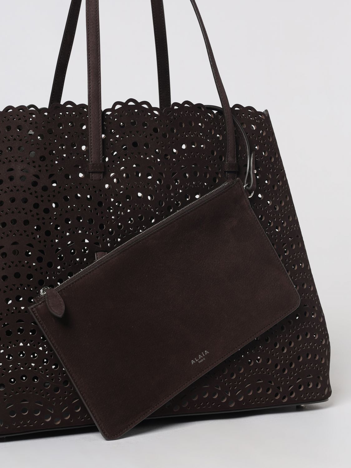 AlaiA Women Mina Perforated Nubuck Leather Shoulder Bag Alaia With Double Handle