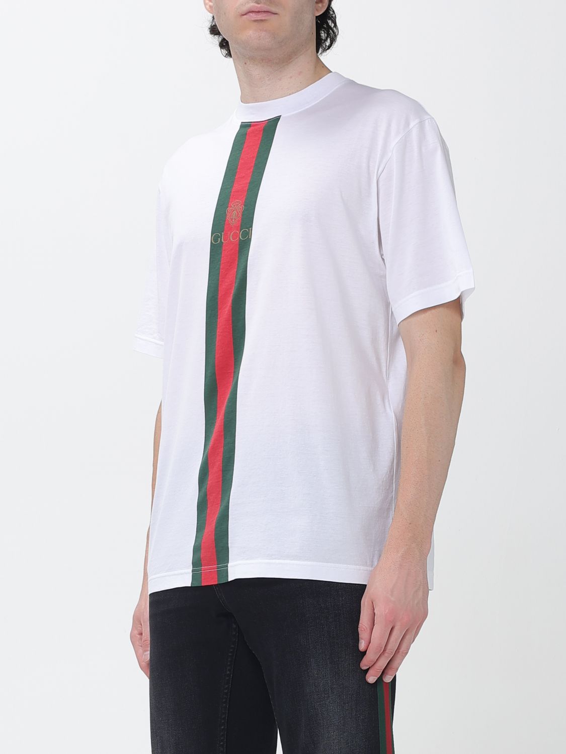 Gucci Men Striped Cotton Gucci T-Shirt With Web Detail And Dropped Shoulders