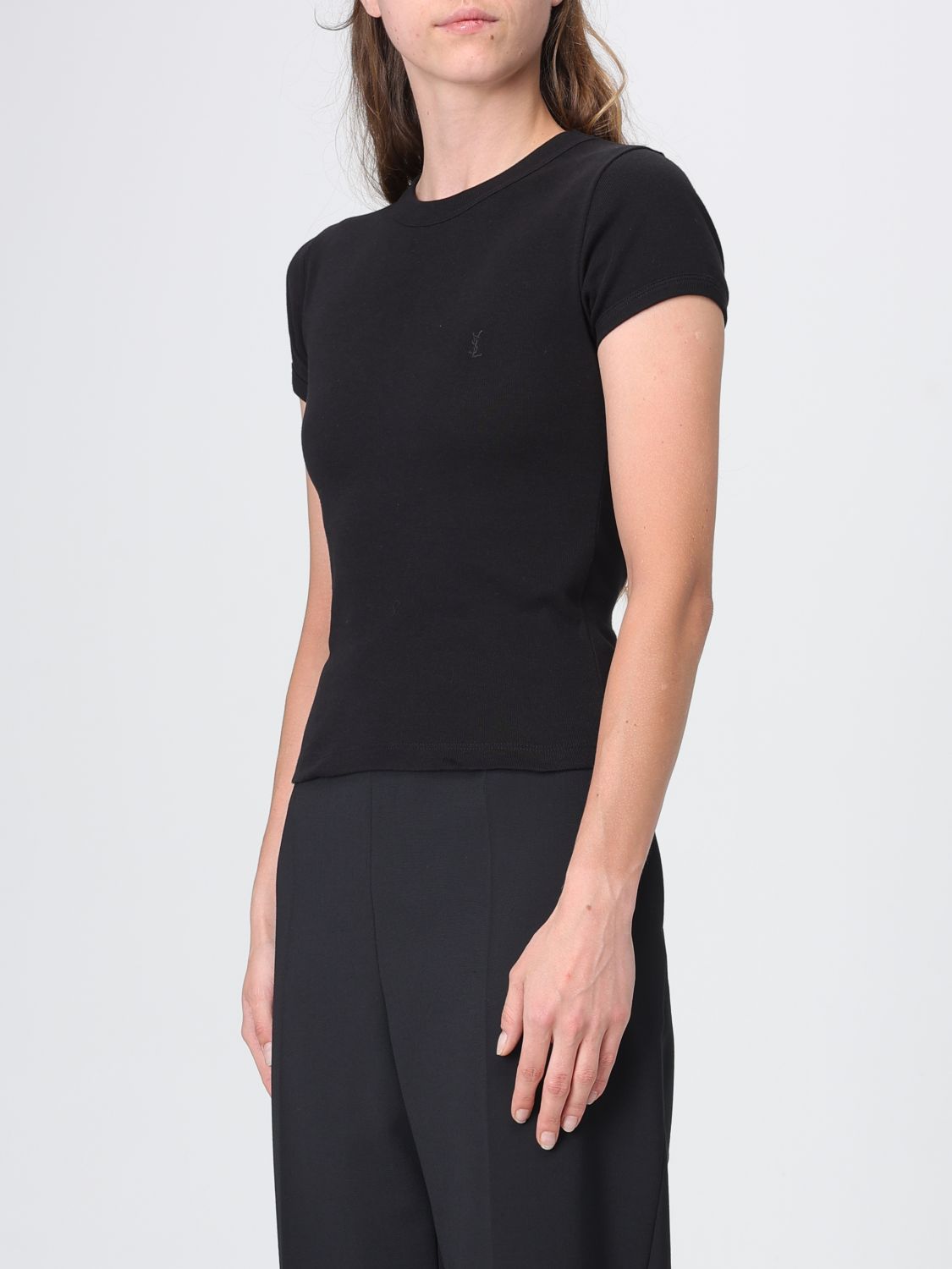 Saint Laurent Women Saint Laurent Slim Fit Cotton T-Shirt With Ysl Monogram SAINT LAURENT