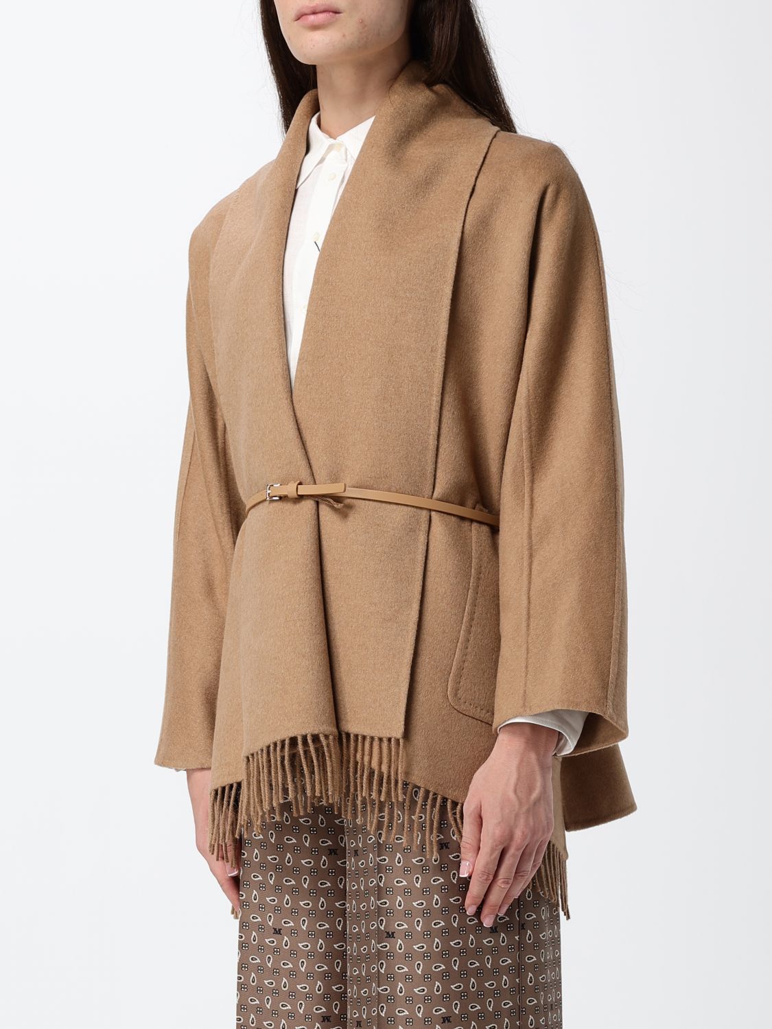 Max Mara Women Max Mara Short Pure Wool Cape With Shawl Collar And Fringes MAX MARA