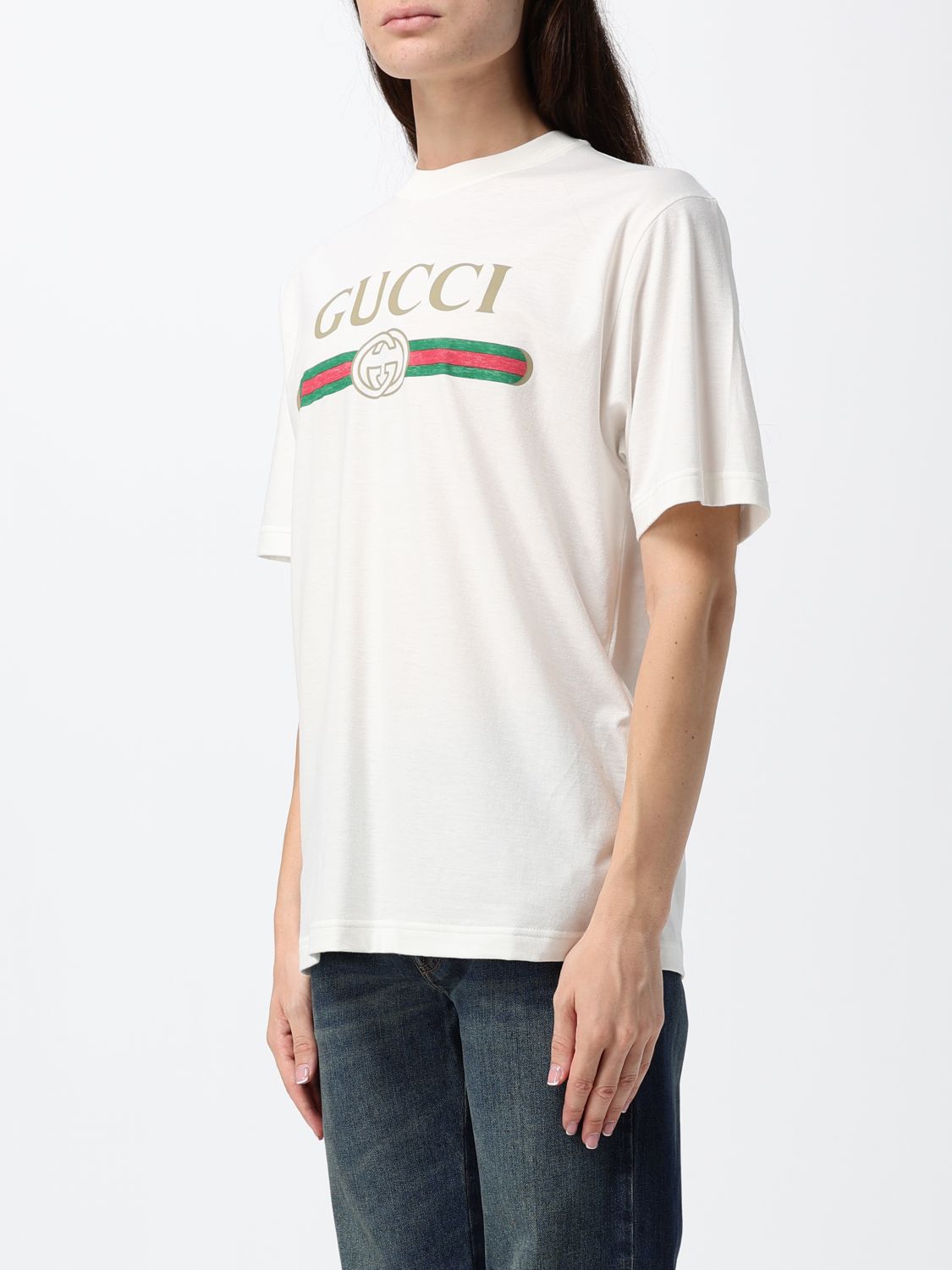 Gucci Women Gucci Relaxed Fit Web Logo Cotton And Silk T-Shirt GUCCI