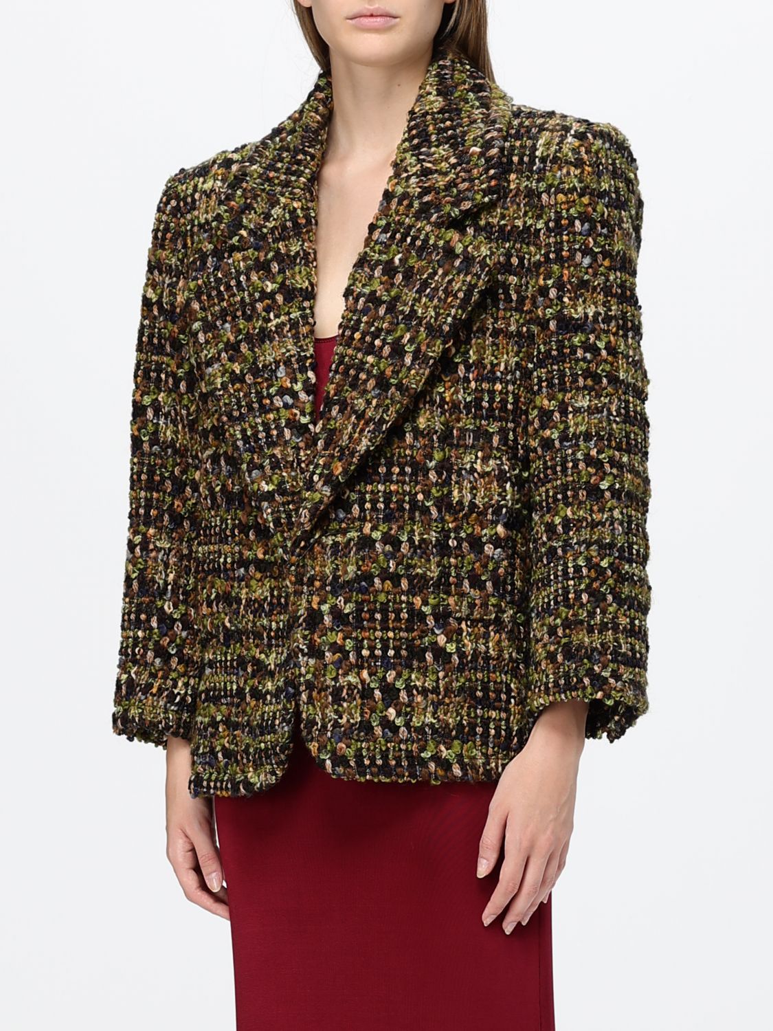 Saint Laurent Women Striped Wool Tweed Cropped Blazer Saint Laurent With Oversized Shoulders SAINT LAURENT