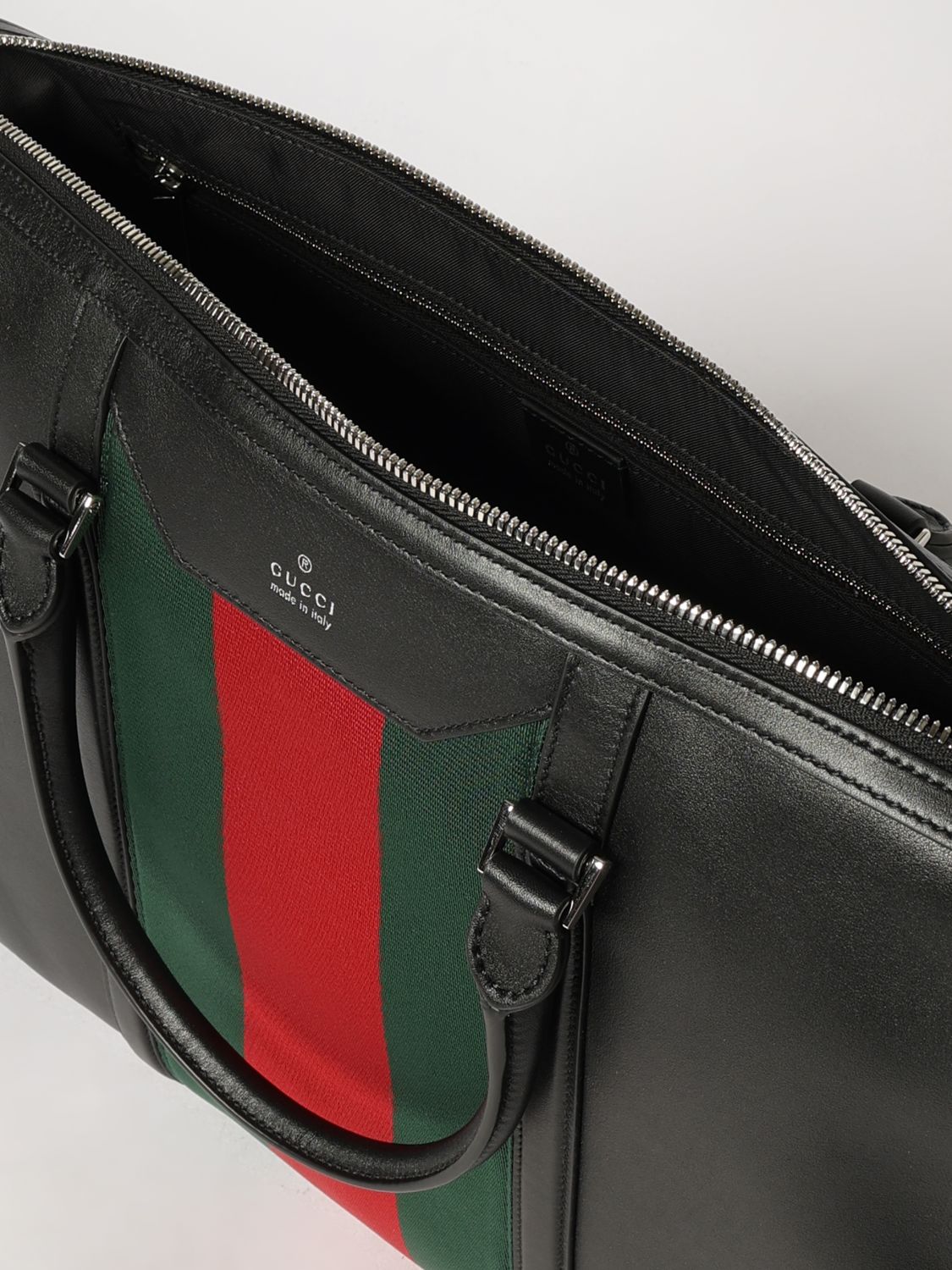 Gucci Men Gucci Briefcase In Smooth Calfskin With Web Detail And Detachable Strap