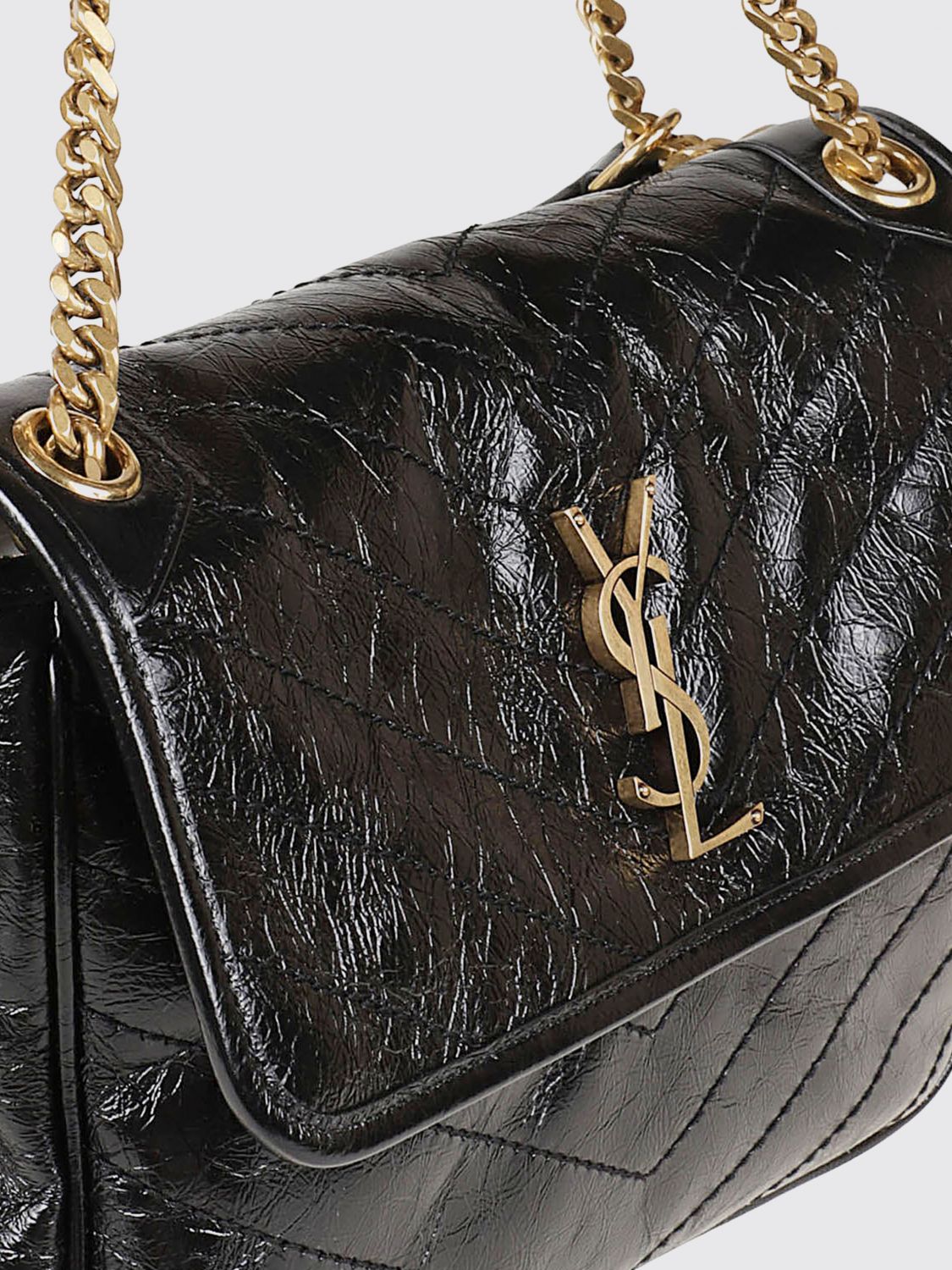 Saint Laurent Women Quilted Crinkled Leather Shoulder Bag Saint Laurent With Ysl Monogram SAINT LAURENT