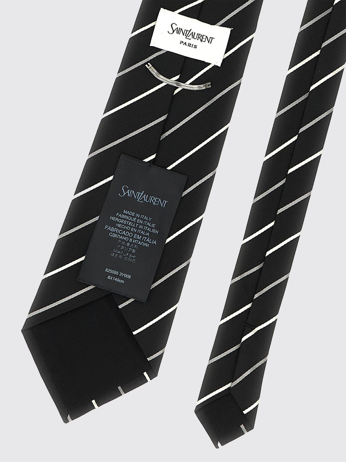 Saint Laurent Men Saint Laurent Classic Tie In Pure Black Silk With A Striped Pattern SAINT LAURENT